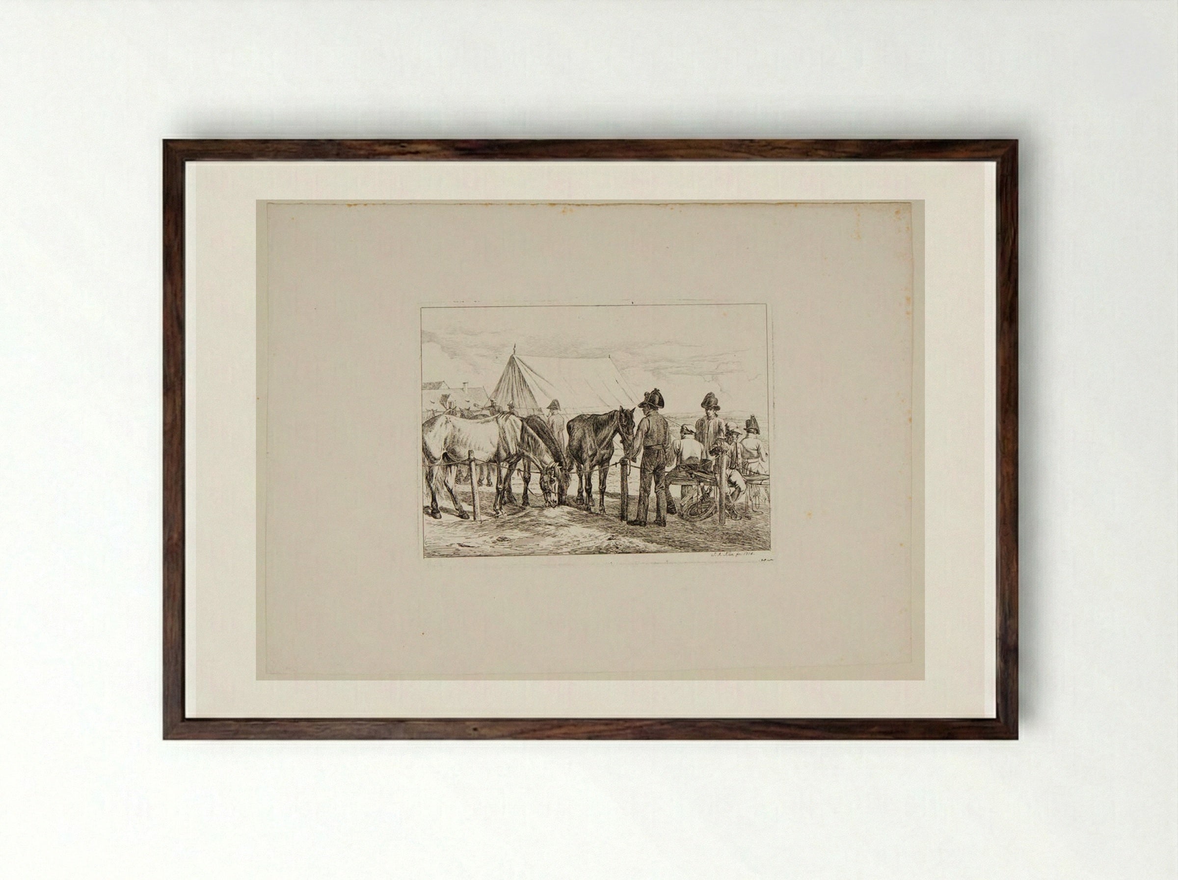Soldiers Feeding the Horses at the Military Camp - Johann Adam Klein - Framed Print Dark Wood