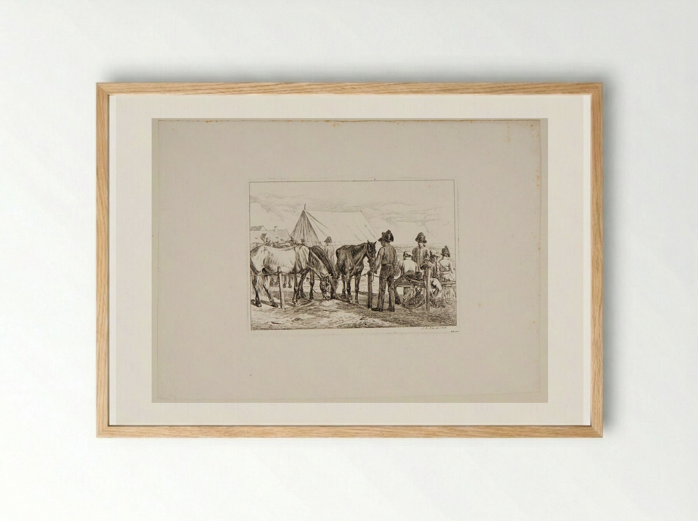 Soldiers Feeding the Horses at the Military Camp - Johann Adam Klein - Framed Print Wood