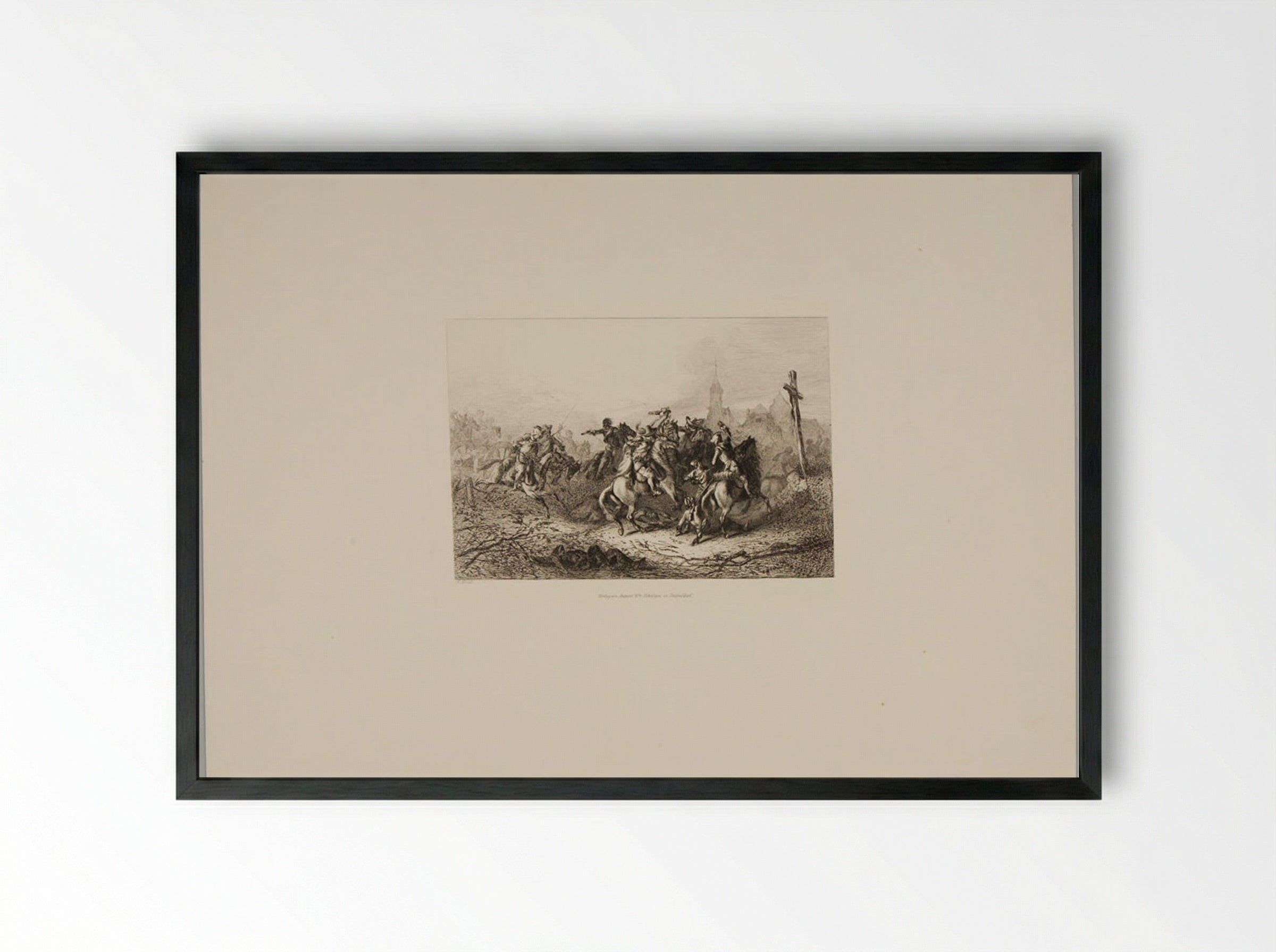 Soldiers Fighting with Swords on Horseback, Church in the Distance - August Beck - Framed Print Black