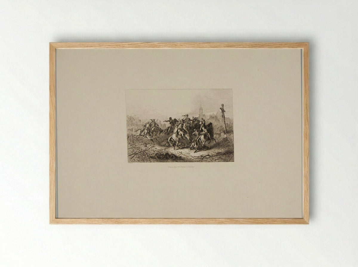 Soldiers Fighting with Swords on Horseback, Church in the Distance - August Beck - Framed Print Wood