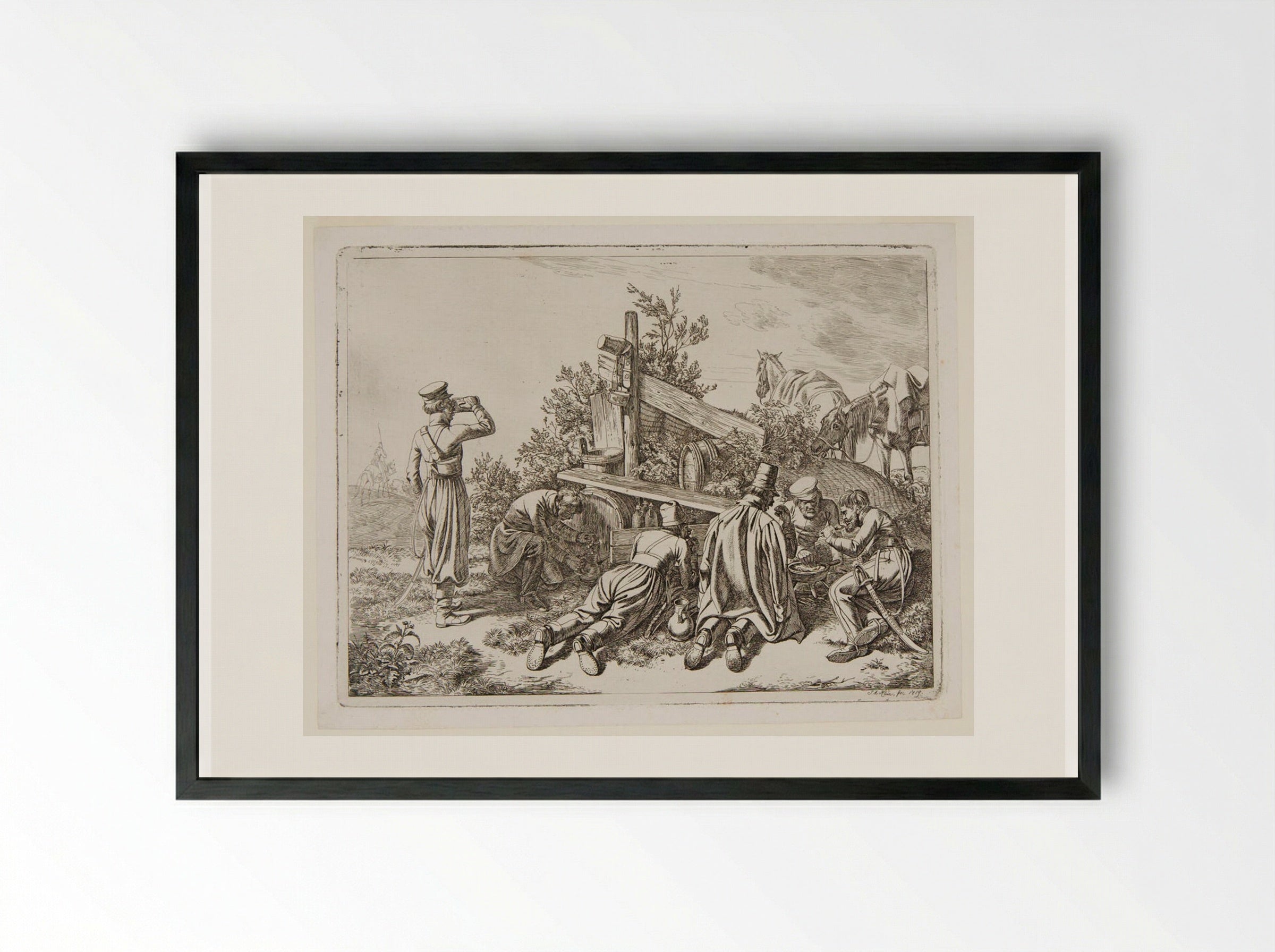 Soldiers Lunching in the Countryside - Johann Adam Klein - Framed Print Black