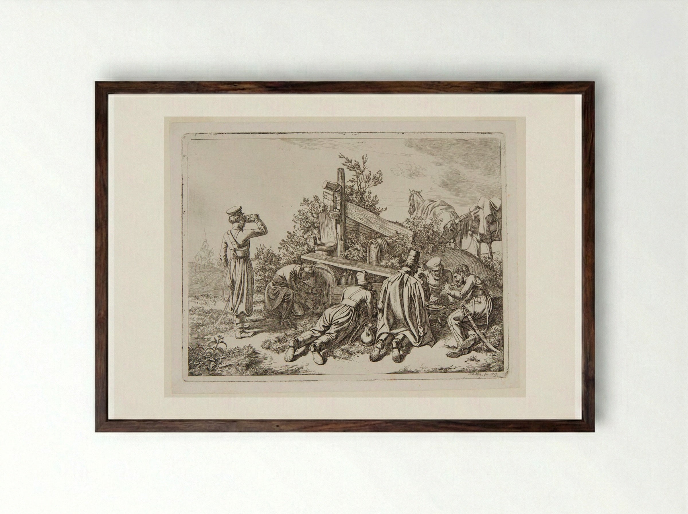 Soldiers Lunching in the Countryside - Johann Adam Klein - Framed Print Dark Wood