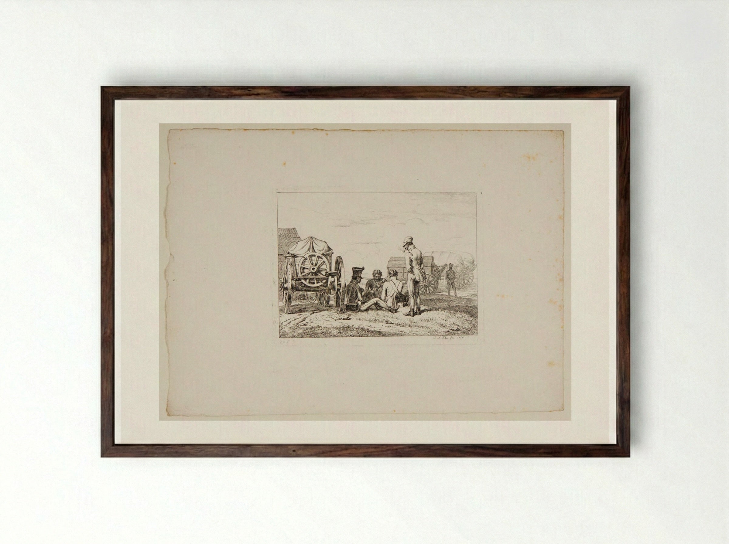 Soldiers Playing a Game of Cards - Johann Adam Klein - Framed Print Dark Wood
