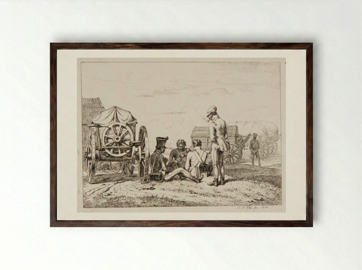 Soldiers Playing a Game of Cards - Johann Adam Klein - Framed Print Dark Wood