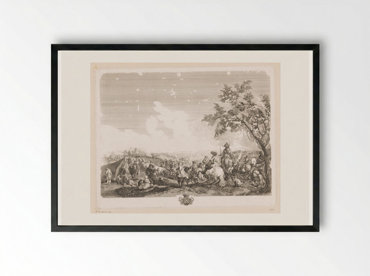 Soldiers and Commanders in an Army Camp - Jean Moyreau - Framed Print Black