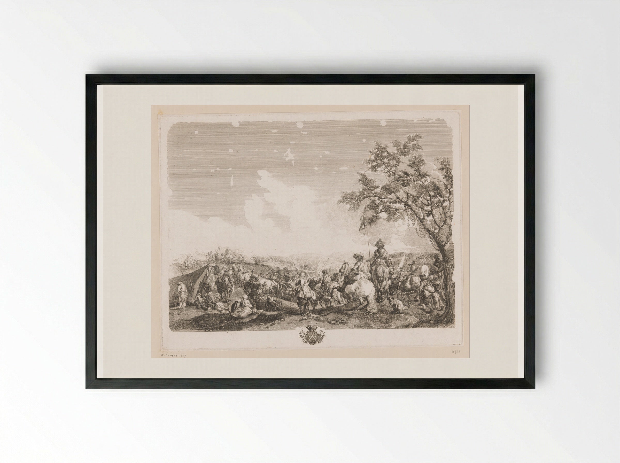 Soldiers and Commanders in an Army Camp - Jean Moyreau - Framed Print Black