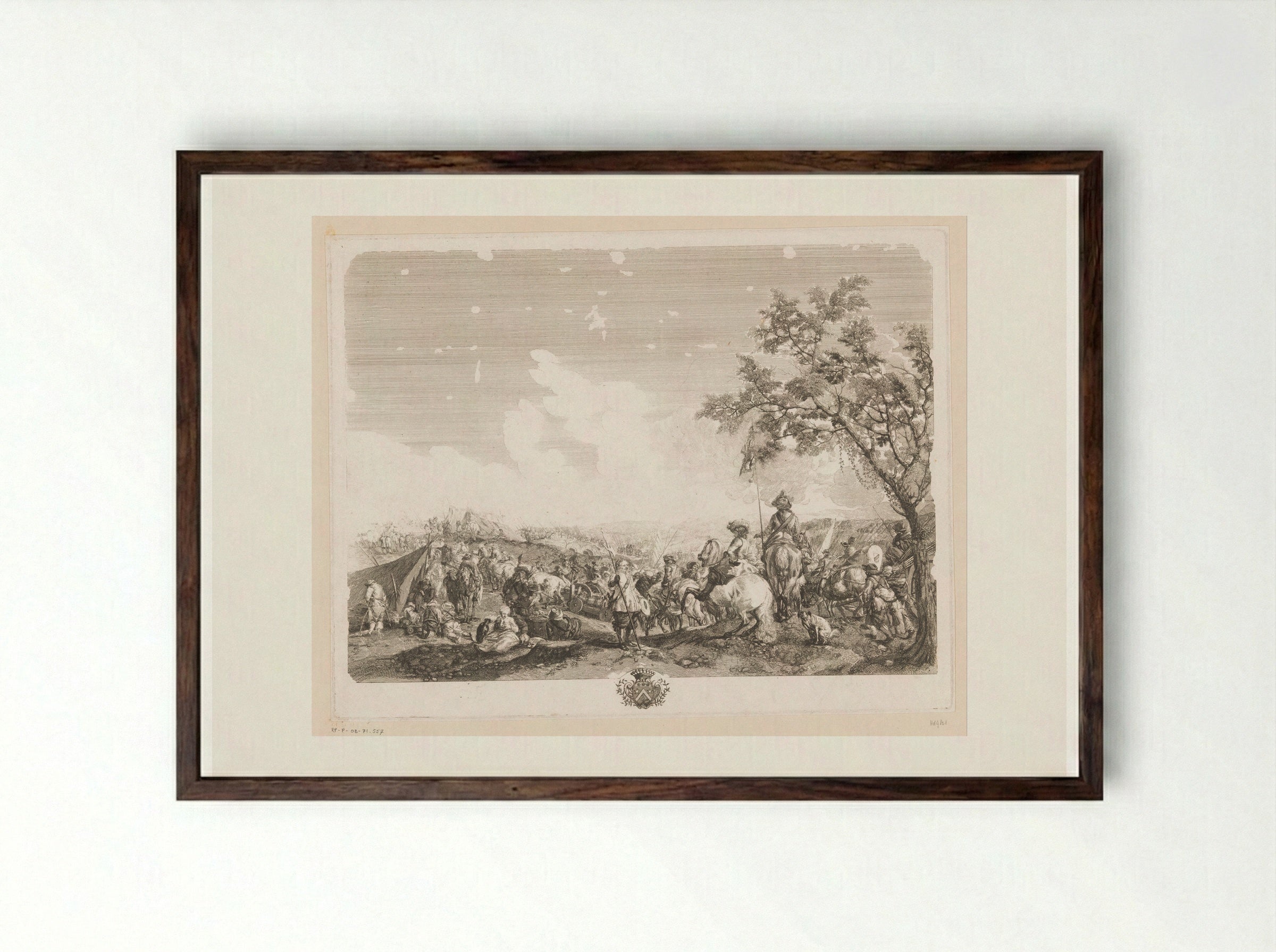 Soldiers and Commanders in an Army Camp - Jean Moyreau - Framed Print Dark Wood