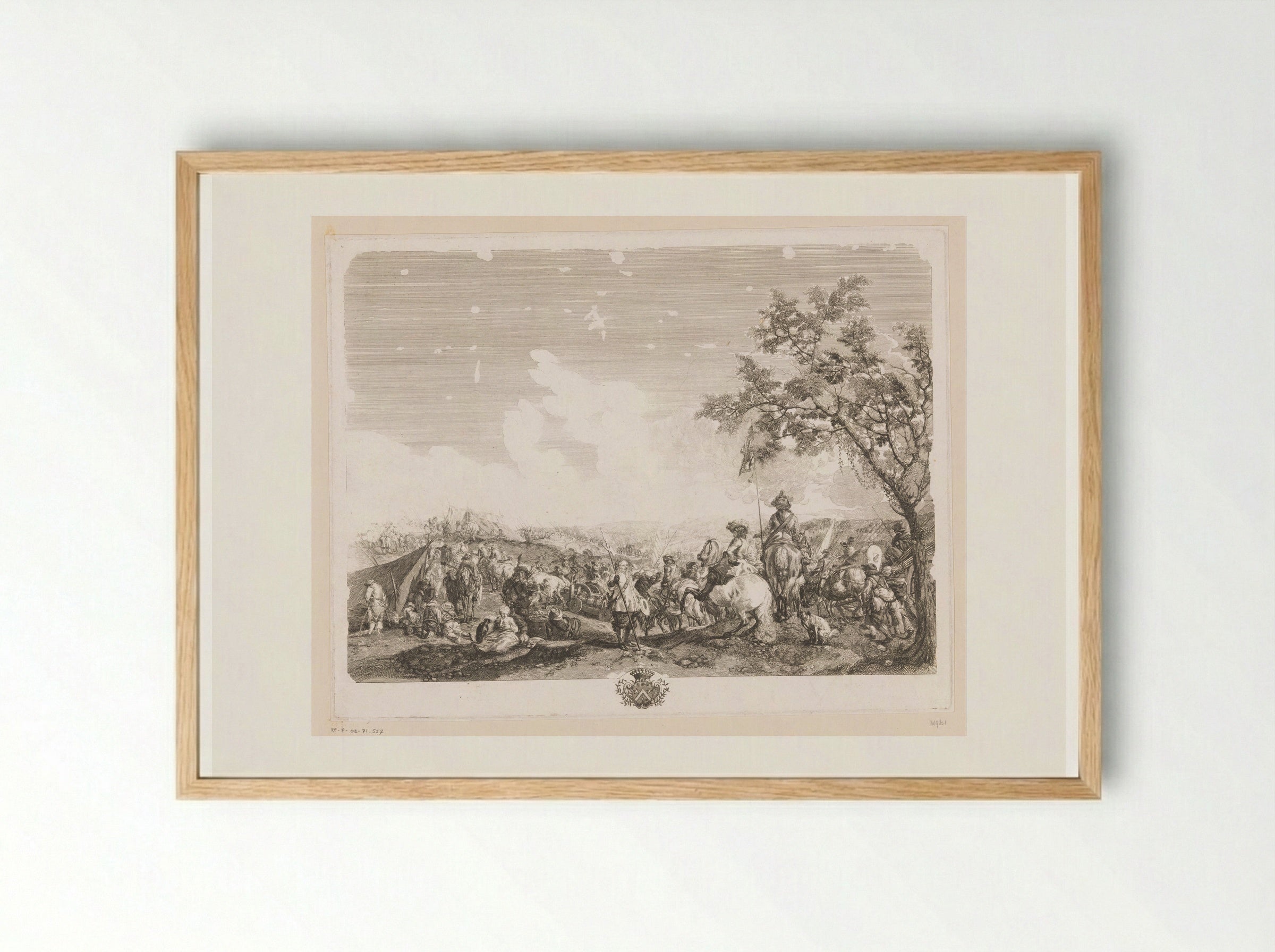 Soldiers and Commanders in an Army Camp - Jean Moyreau - Framed Print Wood