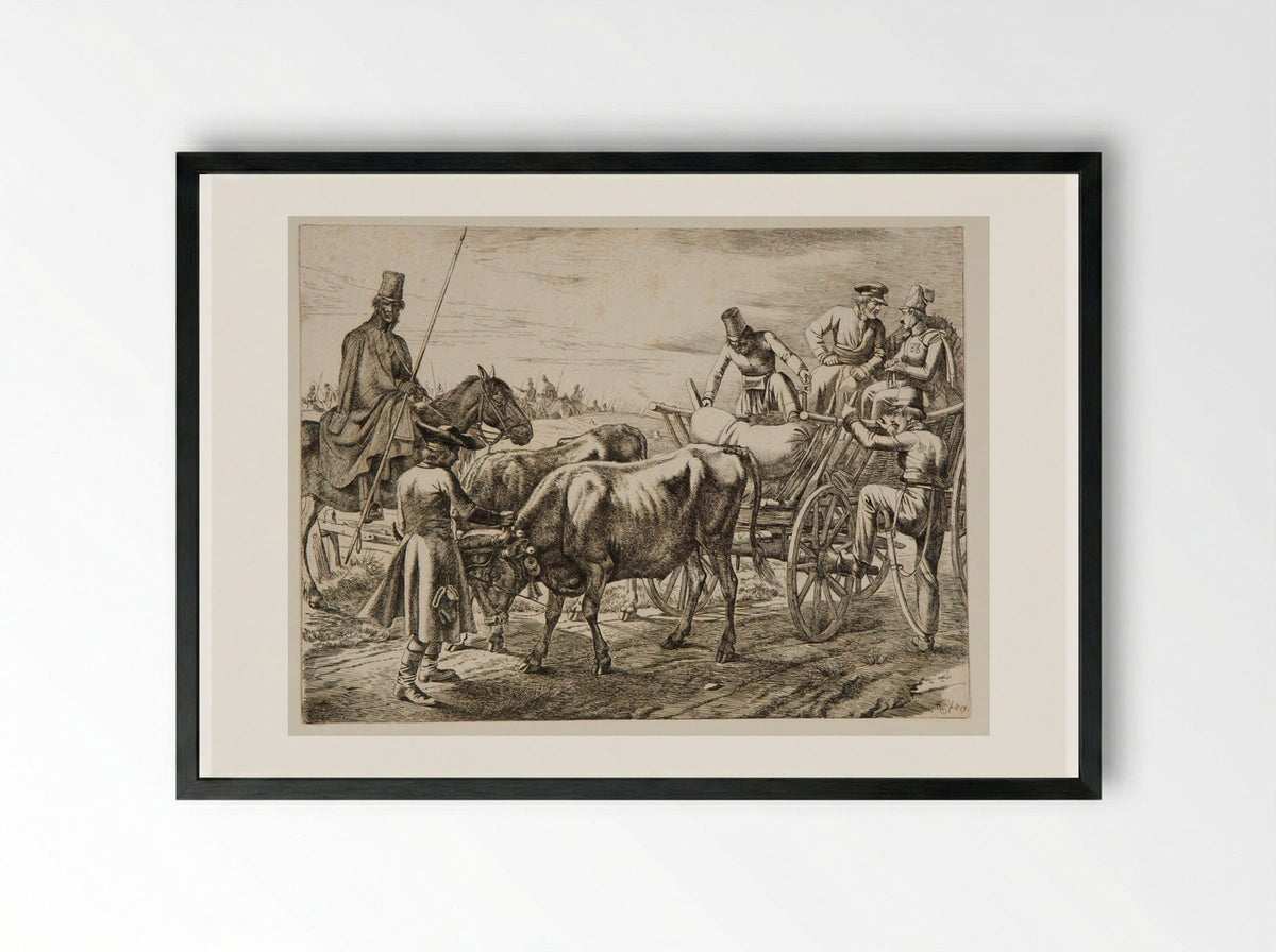 Soldiers with Two Oxen Pulling a Wagon - Johann Adam Klein - Framed Print Black