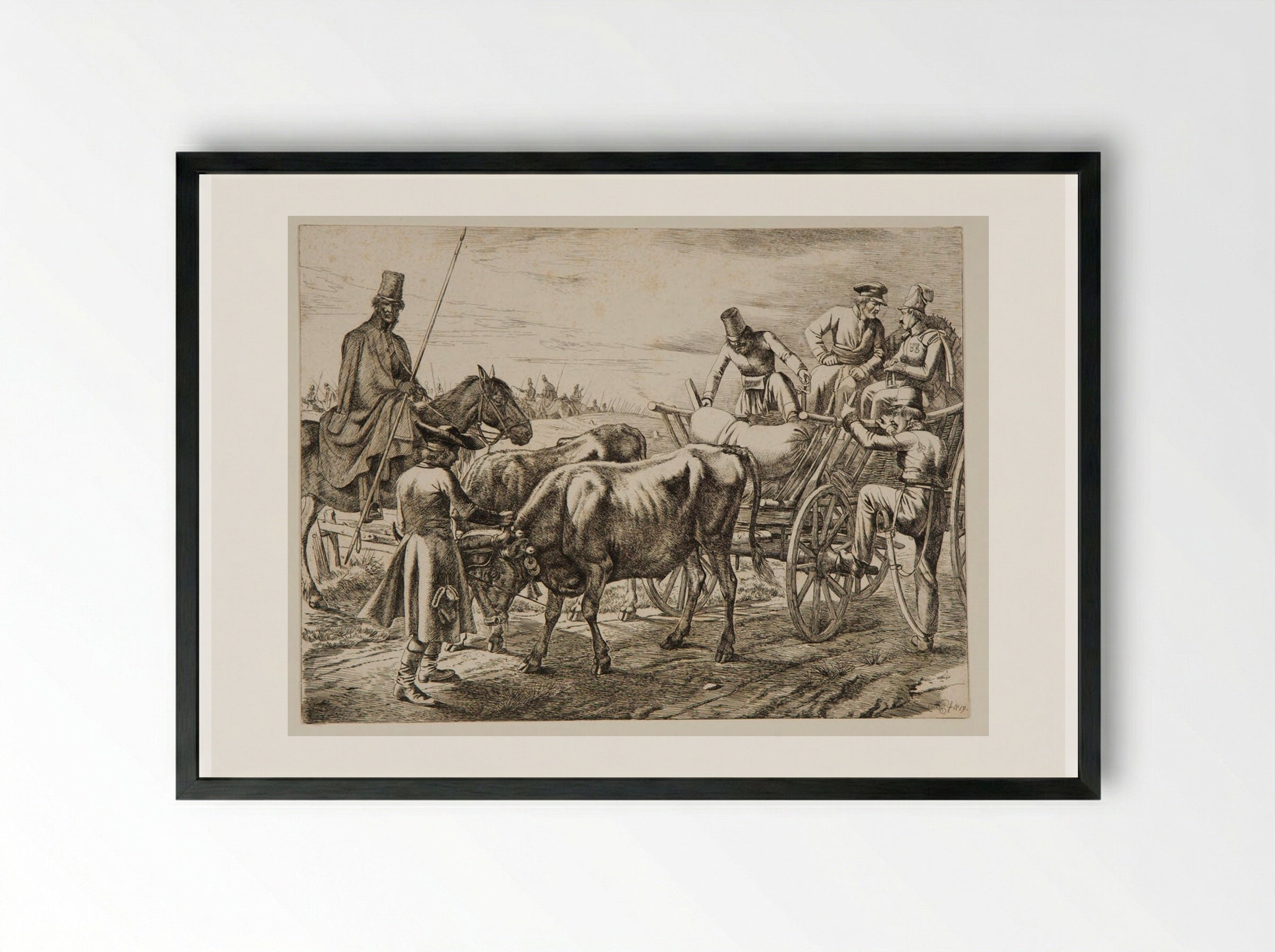 Soldiers with Two Oxen Pulling a Wagon - Johann Adam Klein - Framed Print Black