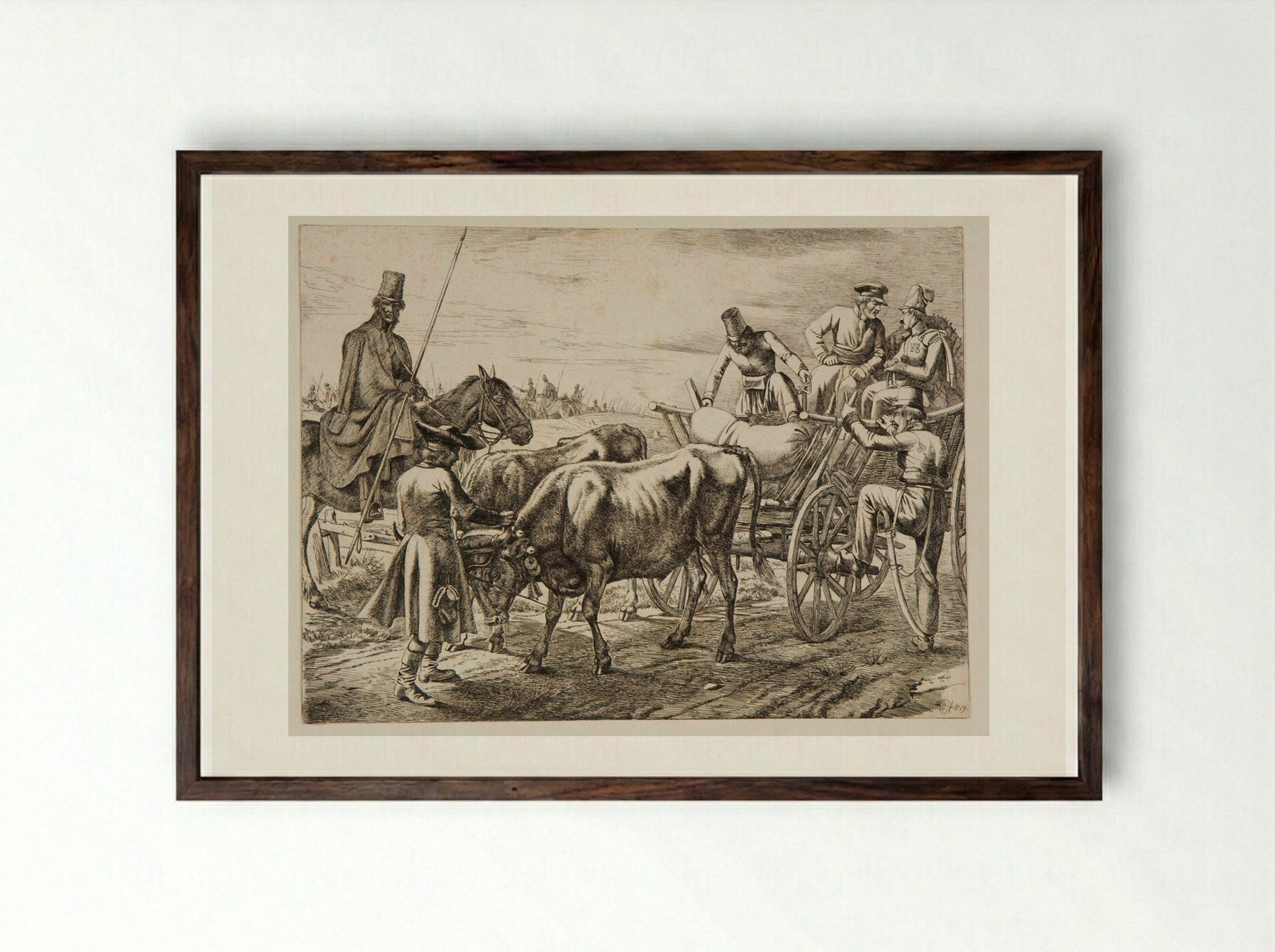 Soldiers with Two Oxen Pulling a Wagon - Johann Adam Klein - Framed Print Dark Wood