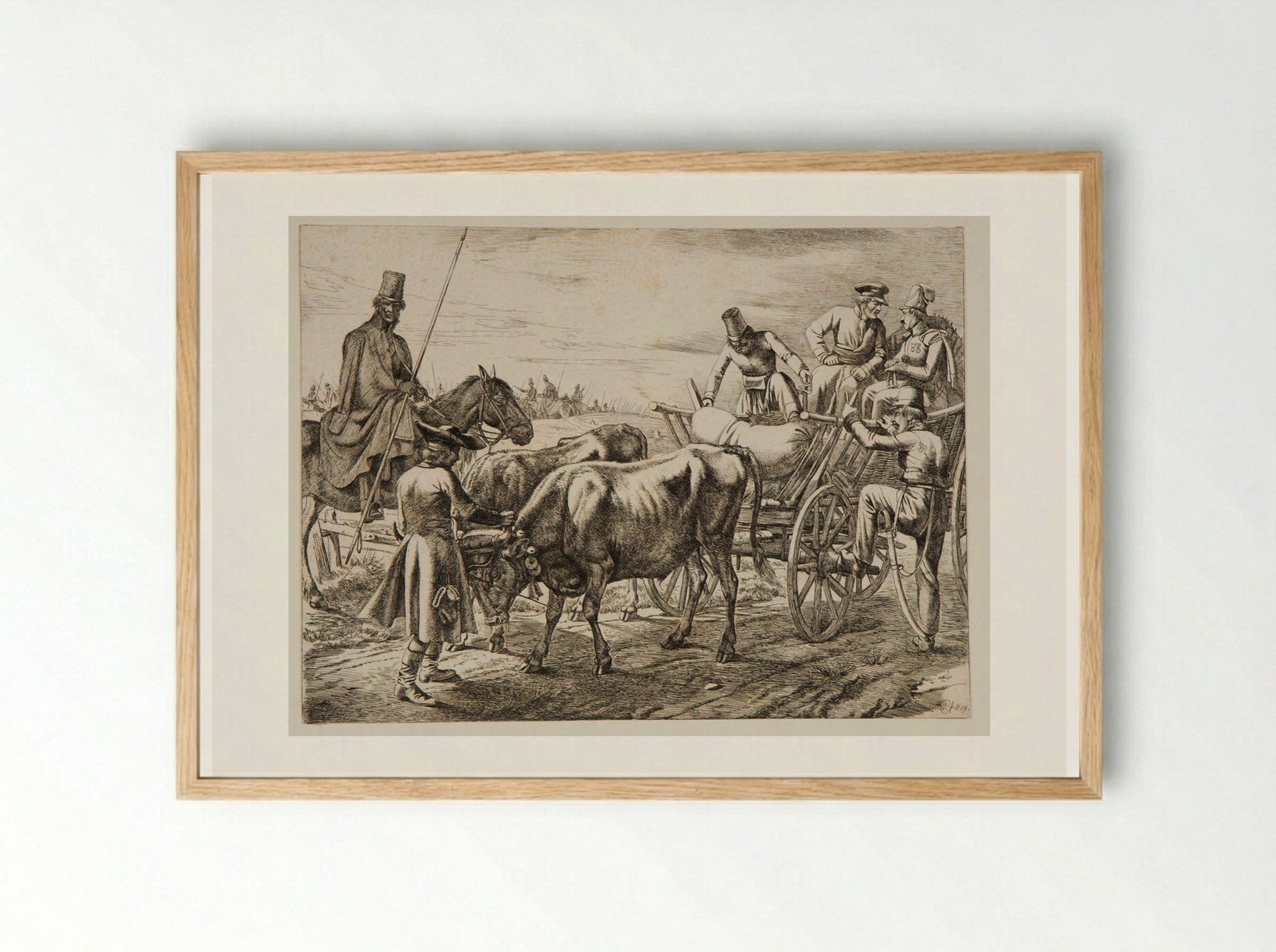 Soldiers with Two Oxen Pulling a Wagon - Johann Adam Klein - Framed Print Wood