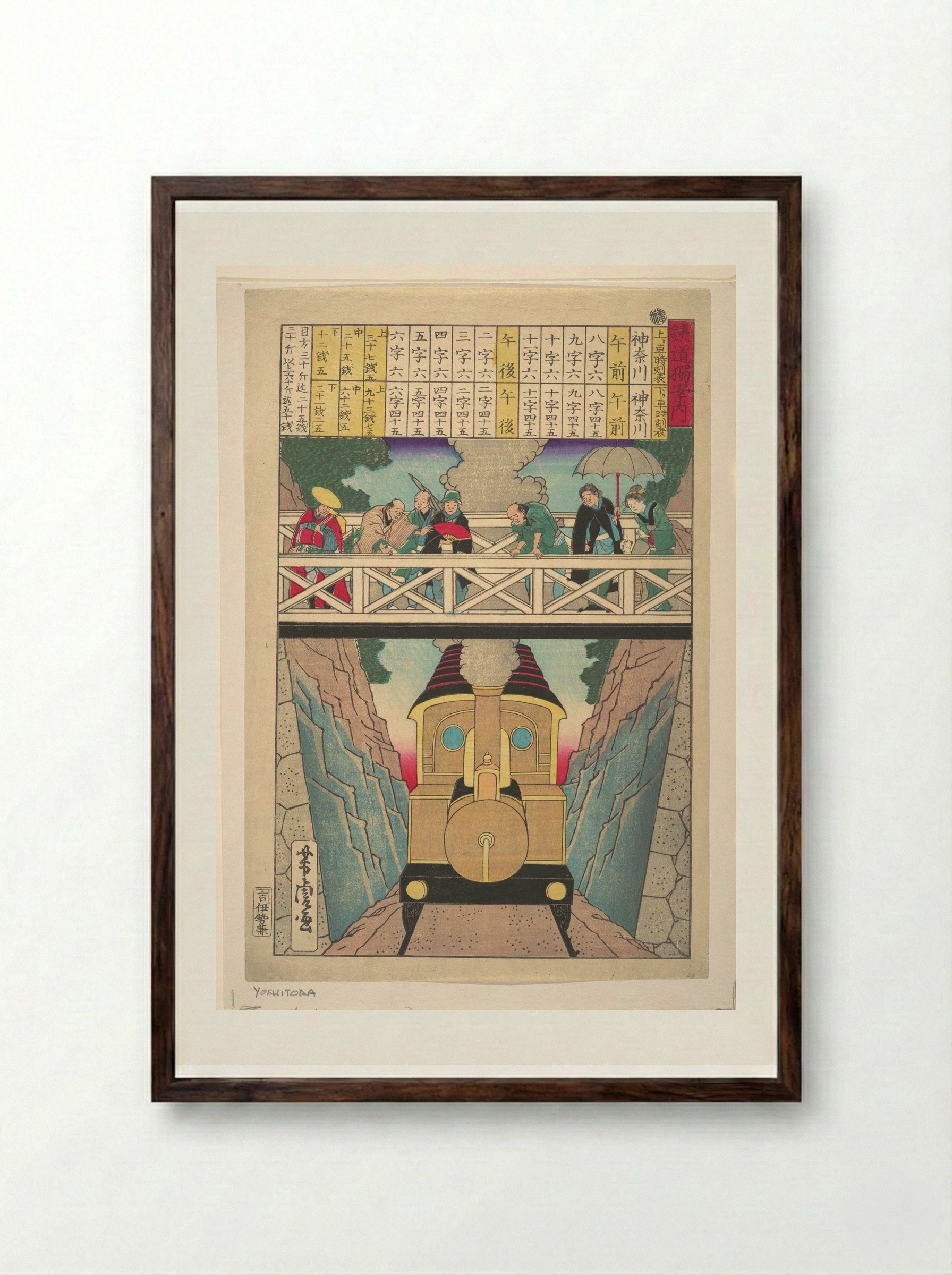 Solitary Traveler's Guide to Railway - Utagawa Yoshitora - Framed Print Dark Wood