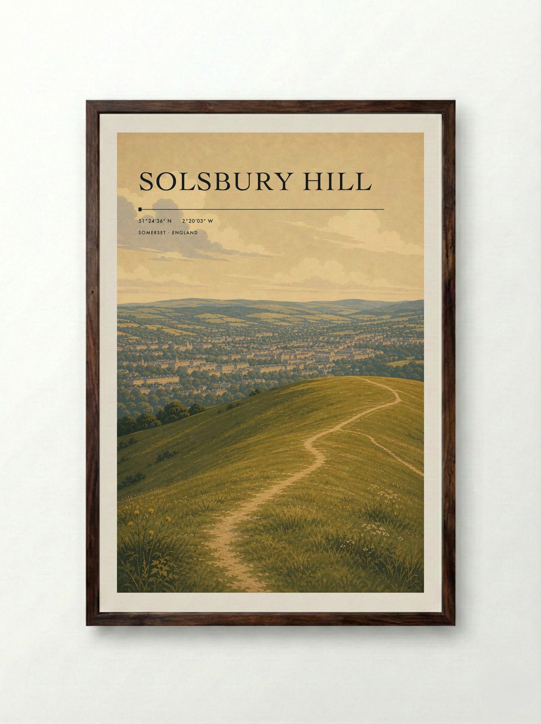 Solsbury Hill Somerset England Travel Poster - Framed Print Dark Wood