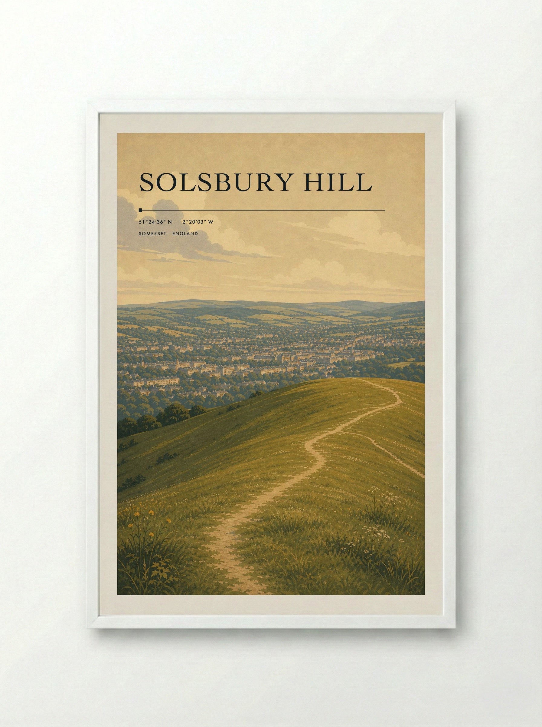 Solsbury Hill Somerset England Travel Poster - Framed Print White