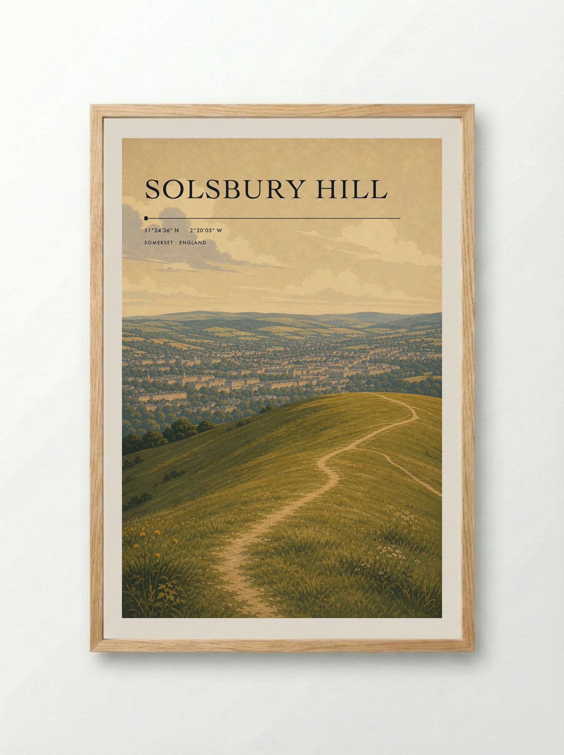 Solsbury Hill Somerset England Travel Poster - Framed Print Wood