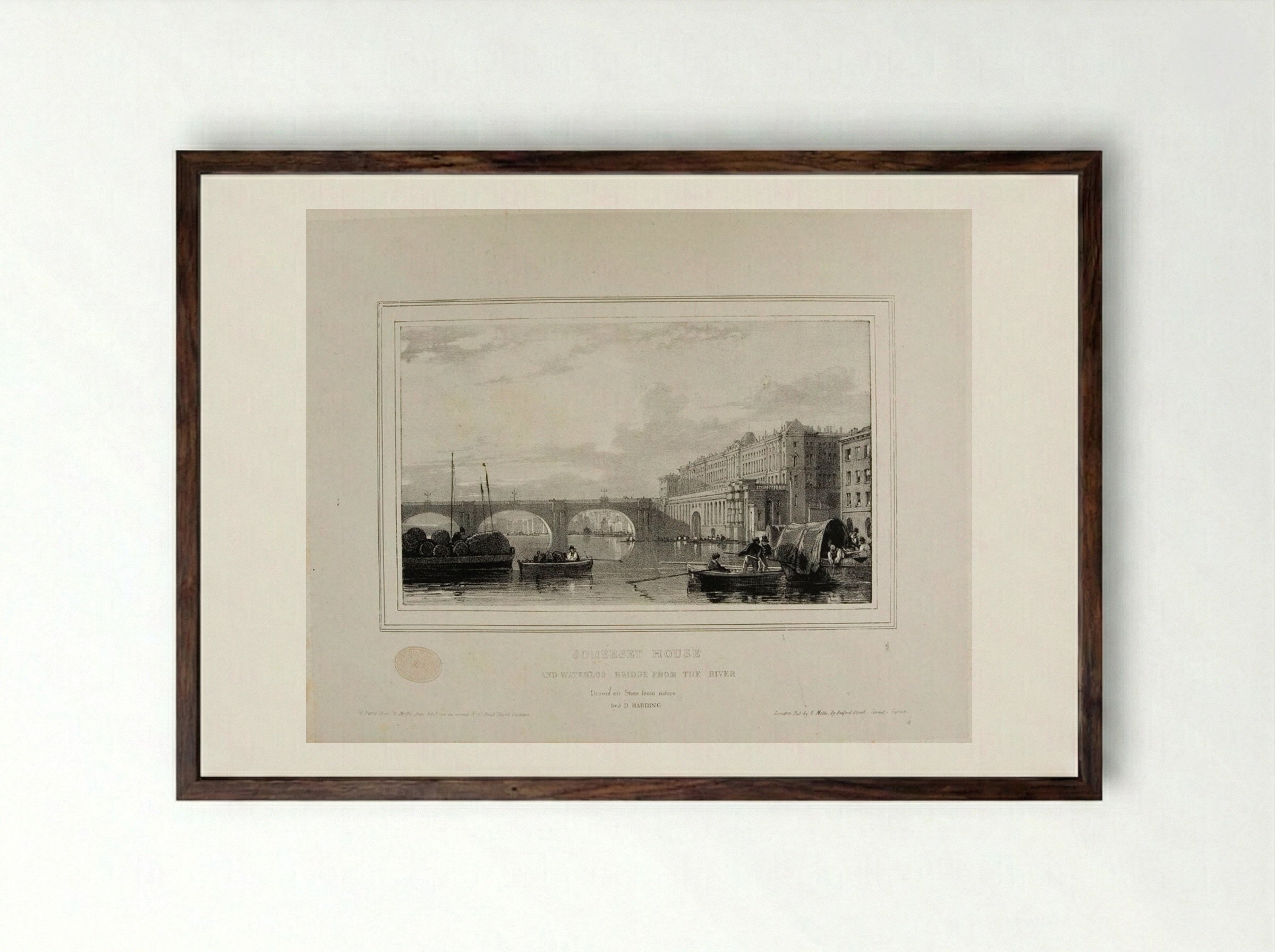 Somerset House and the Waterloo Bridge from the River - James Duffield Harding - Framed Print Dark Wood