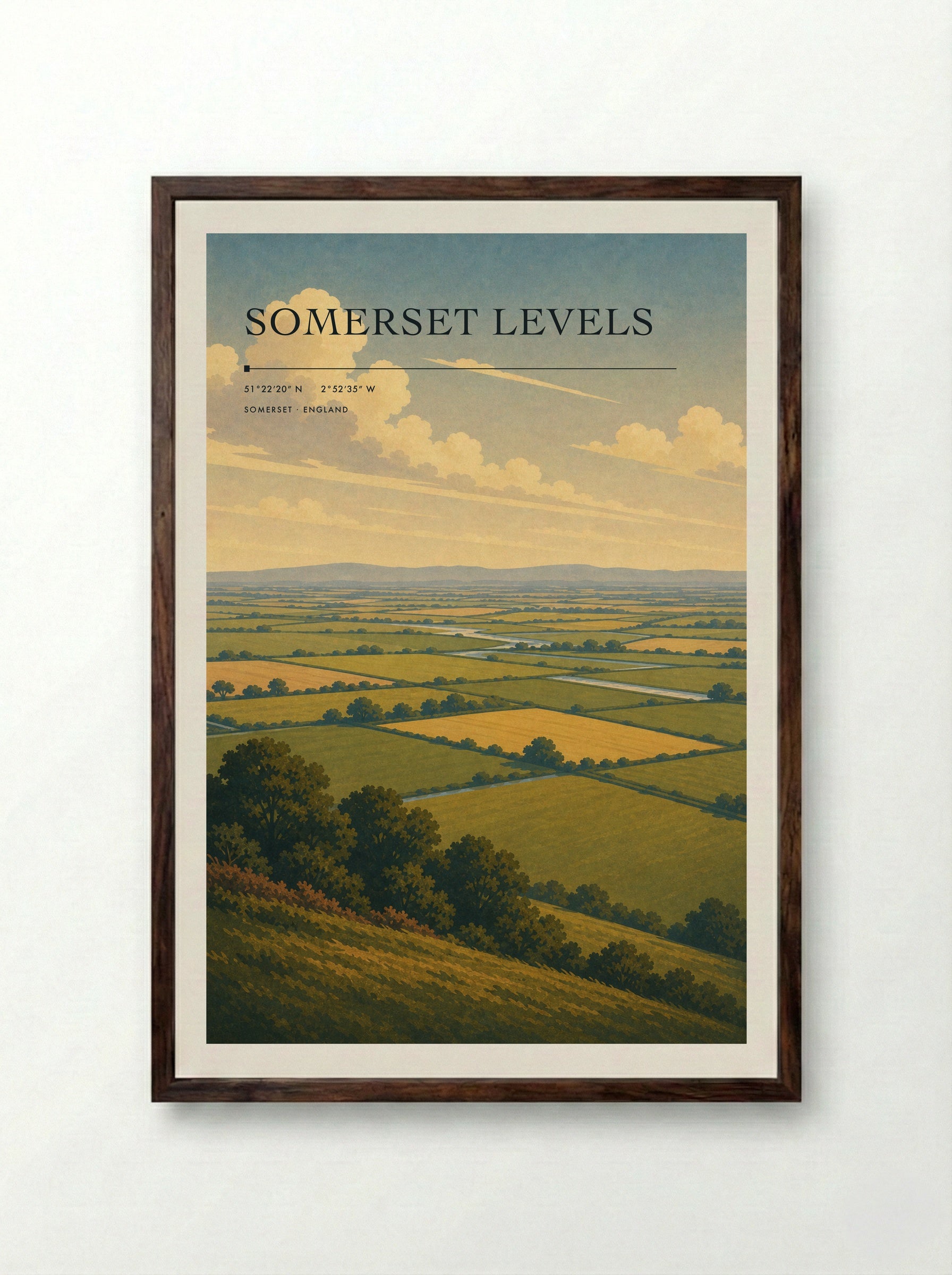 Somerset Levels England Travel Poster - Framed Print Dark Wood