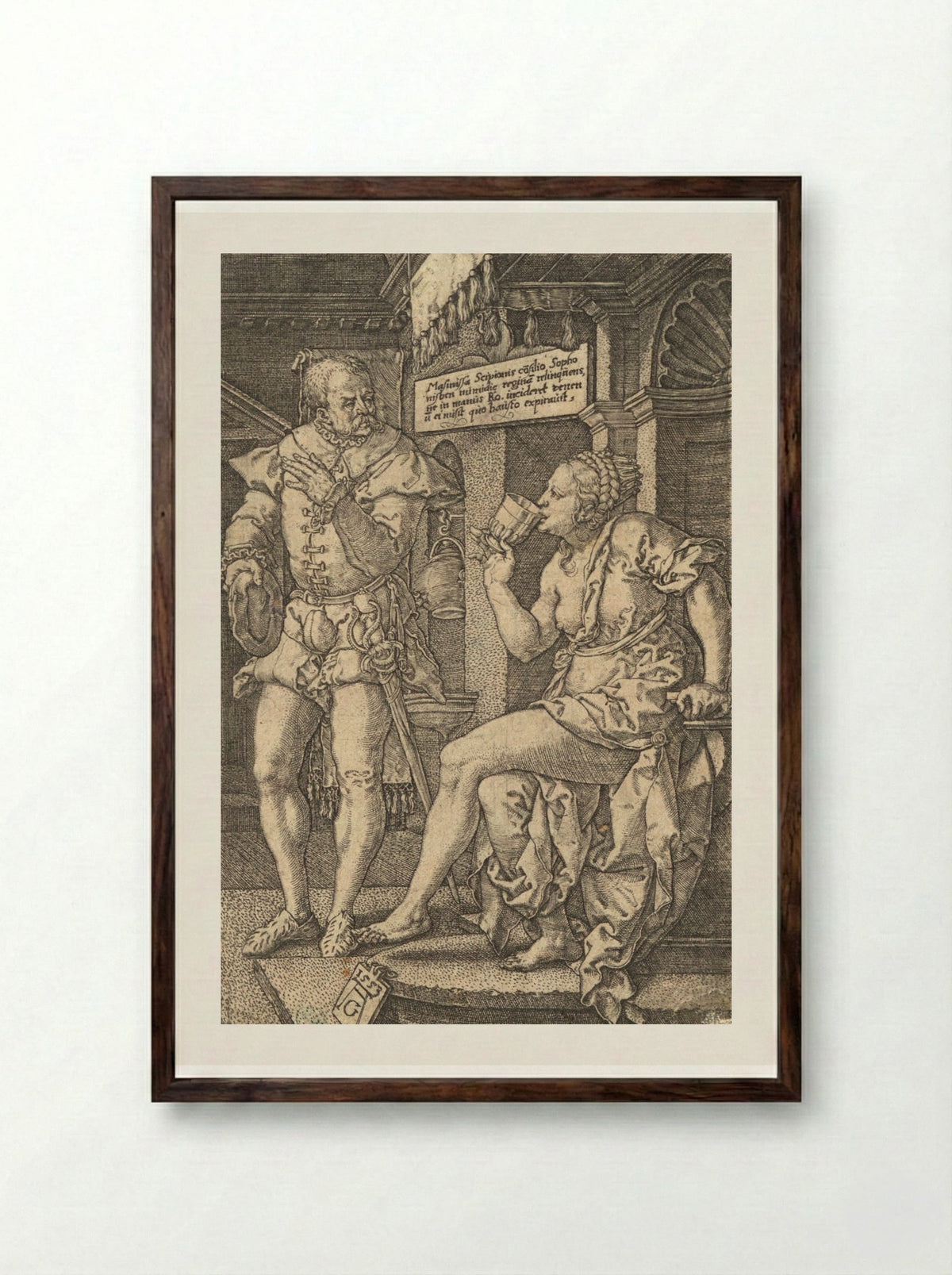 Sophonisba Drinking Poison - Heinrich Aldegrever - Framed Print Dark Wood