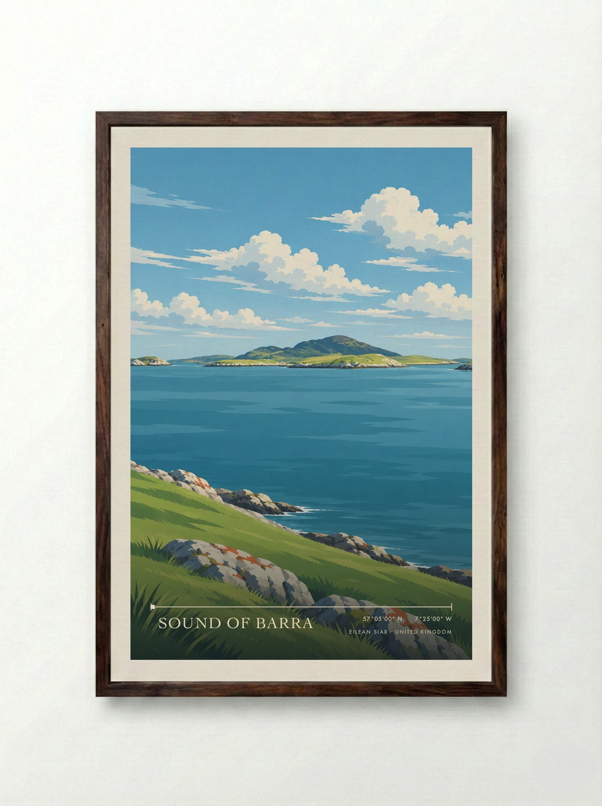 Sound of Barra, Eilean Siar | Travel Poster - Framed Print Dark Wood