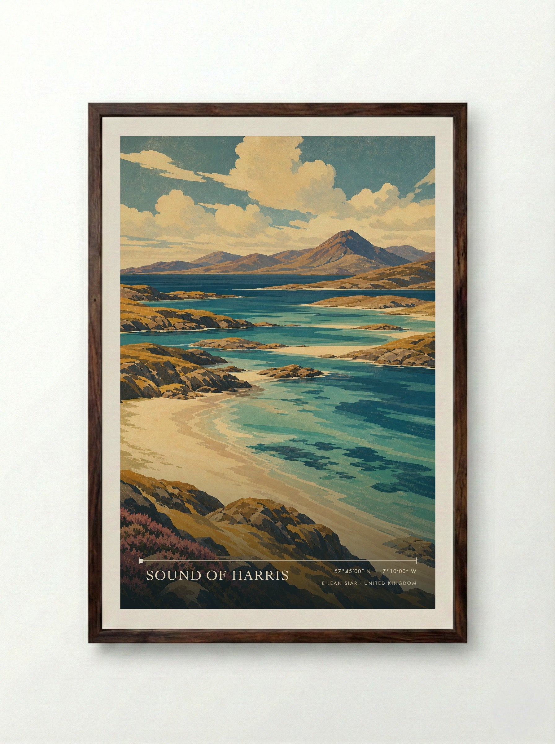 Sound of Harris Eilean Siar United Kingdom Travel Poster - Framed Print Dark Wood