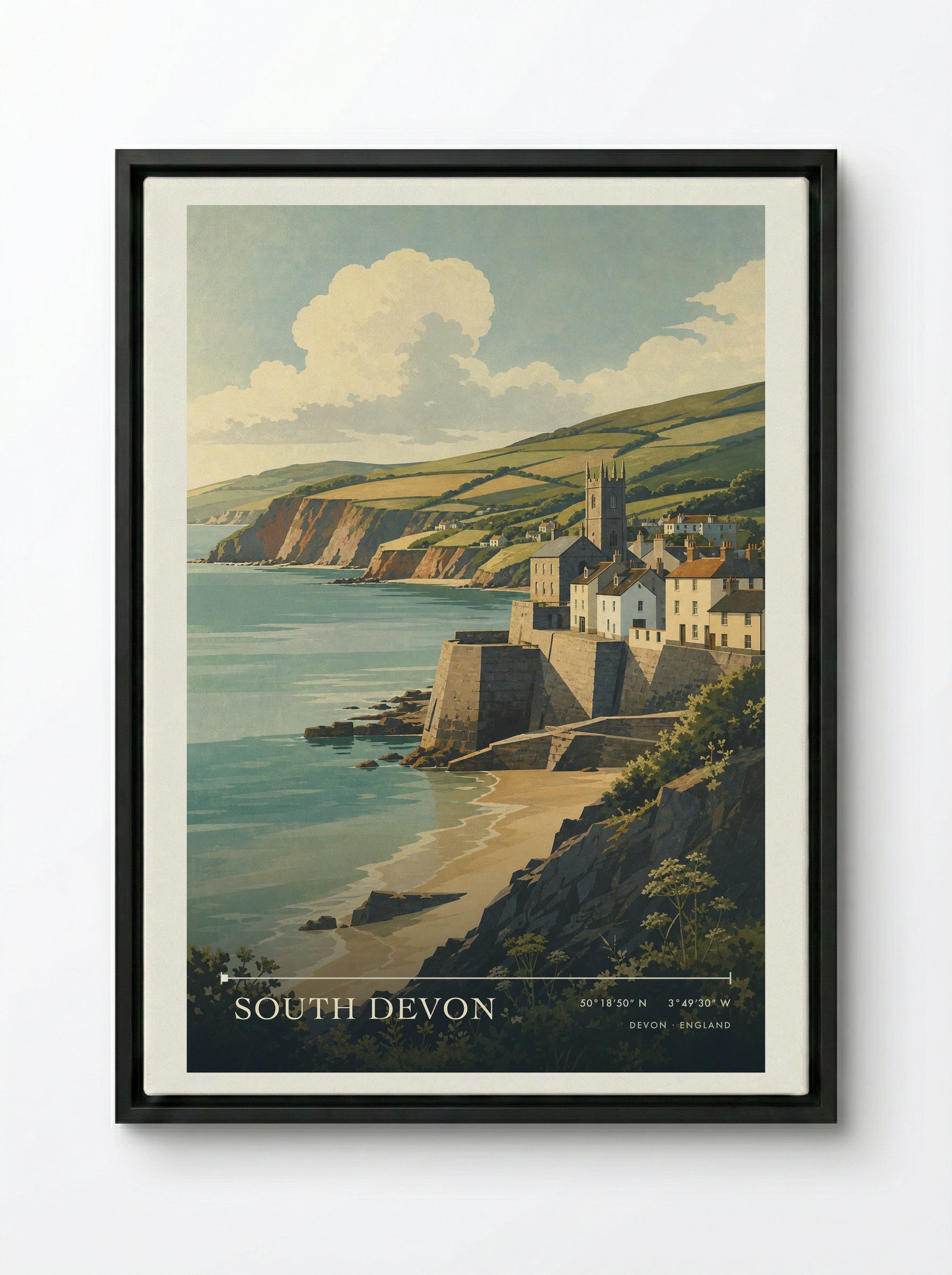 South Devon England Travel Poster - Framed Canvas Black