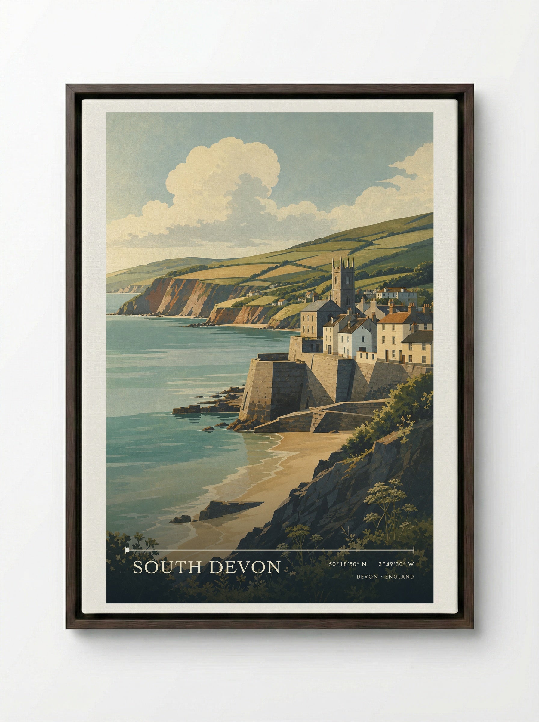 South Devon England Travel Poster - Framed Canvas Dark Wood