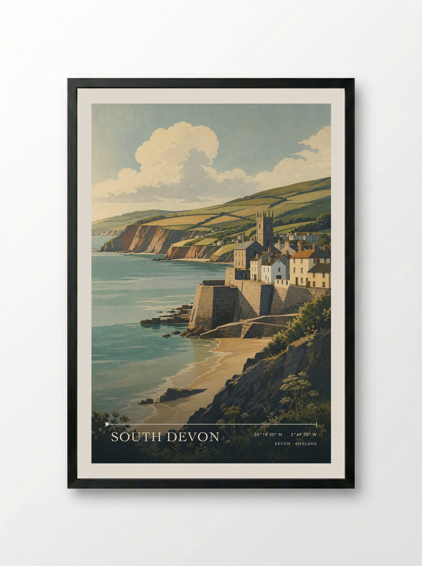 South Devon England Travel Poster - Framed Print Black