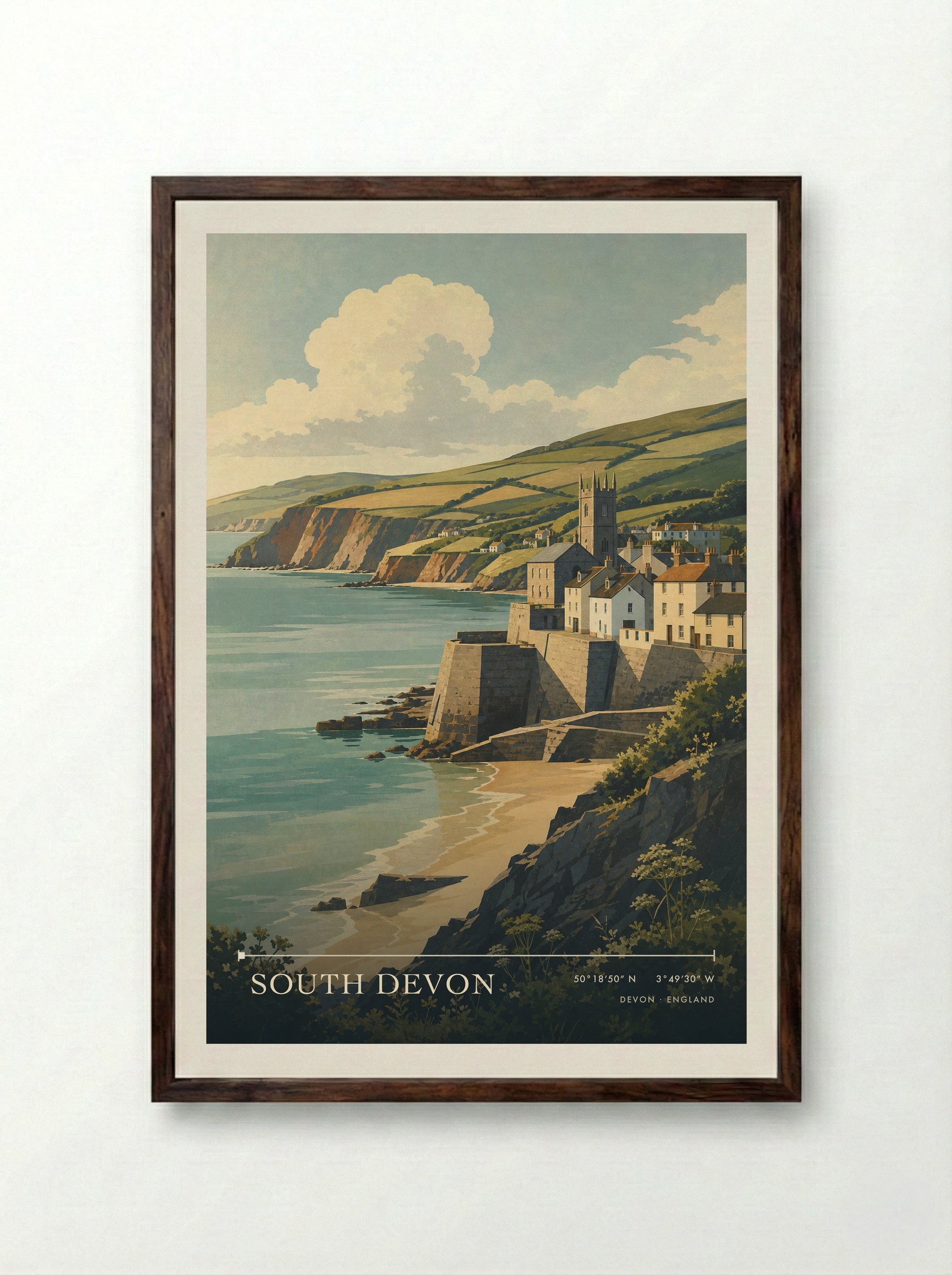 South Devon England Travel Poster - Framed Print Dark Wood