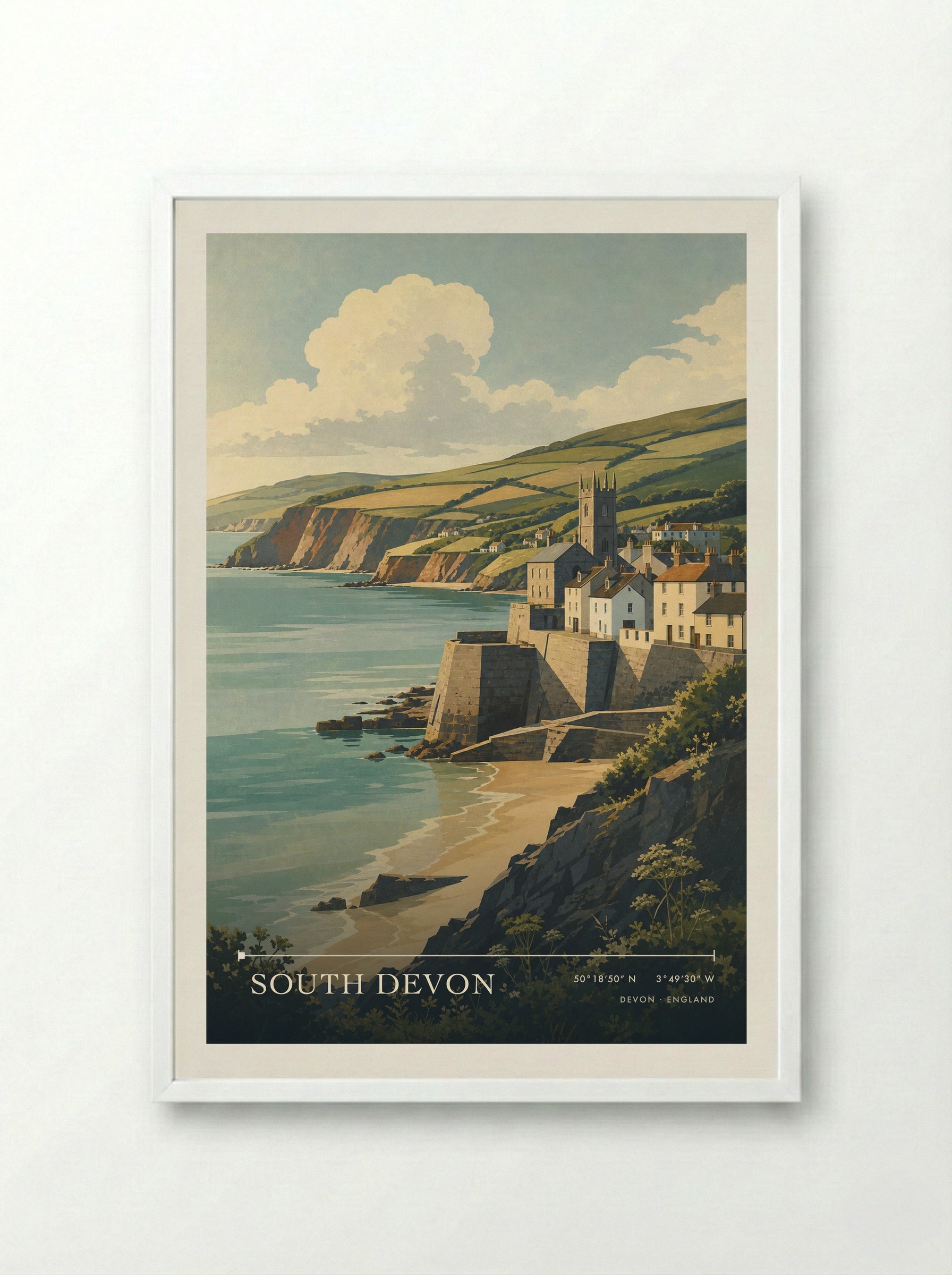 South Devon England Travel Poster - Framed Print White