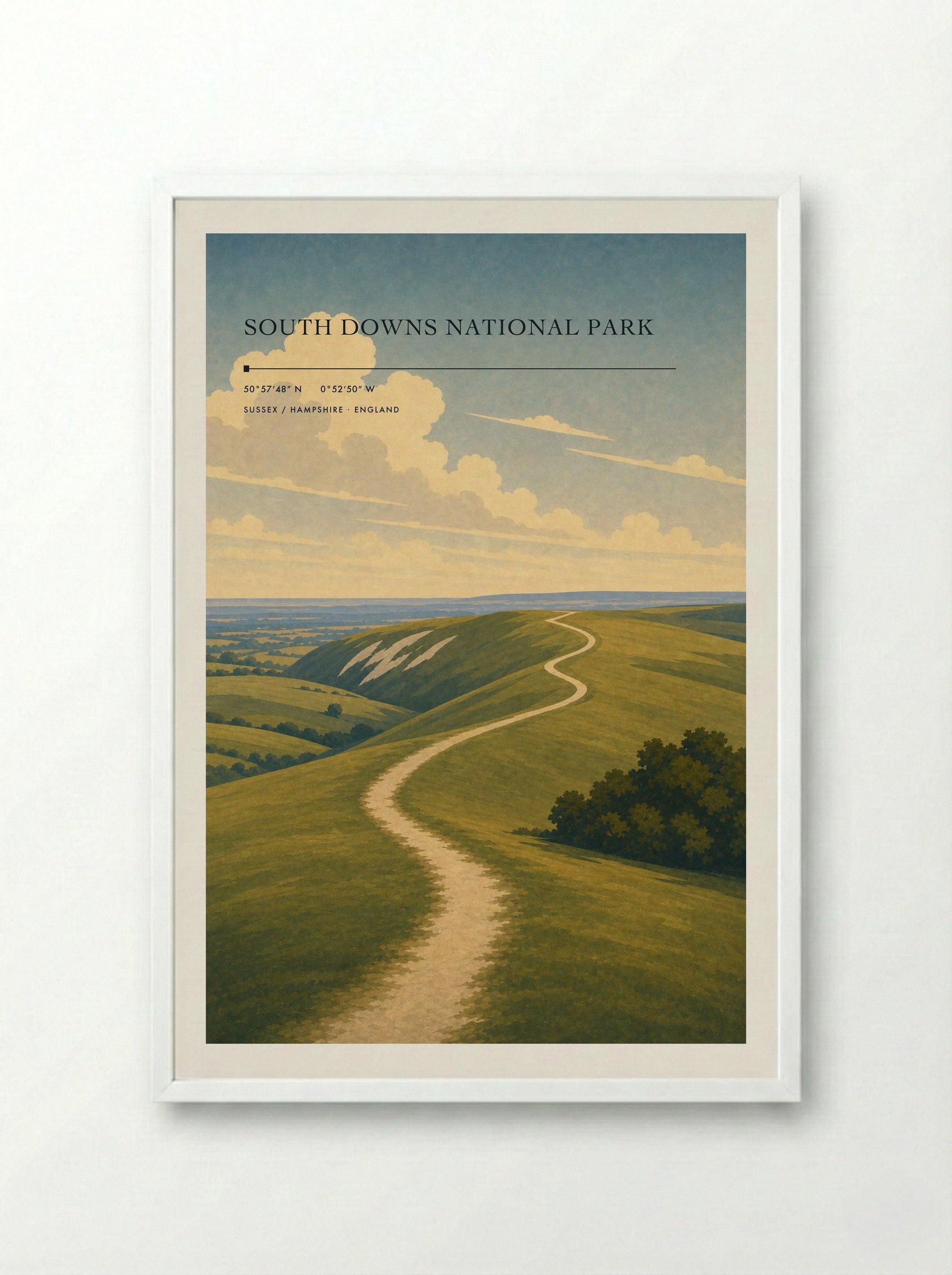 South Downs National Park Sussex / Hampshire England Travel Poster - Framed Print White