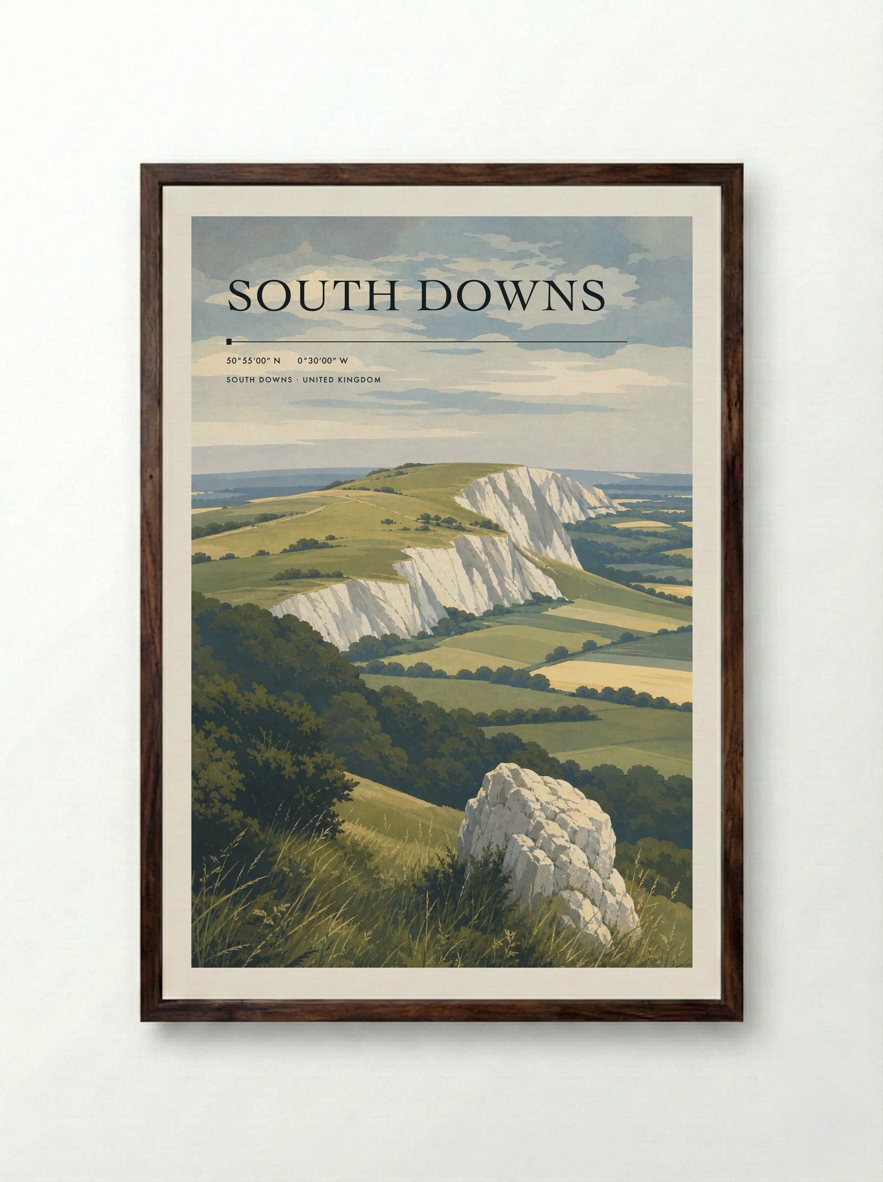 South Downs United Kingdom Travel Poster - Framed Print Dark Wood