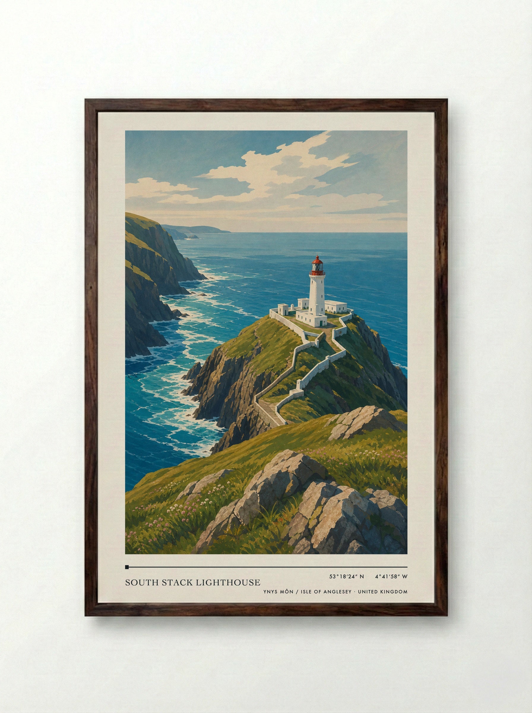 South Stack Lighthouse Ynys Môn / Isle of Anglesey United Kingdom Travel Poster - Framed Print Dark Wood