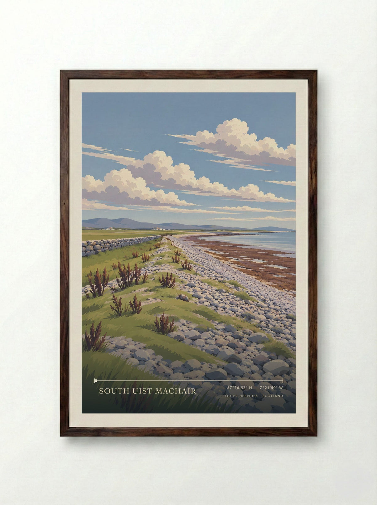 South Uist Machair, Outer Hebrides | Travel Poster - Framed Print Dark Wood