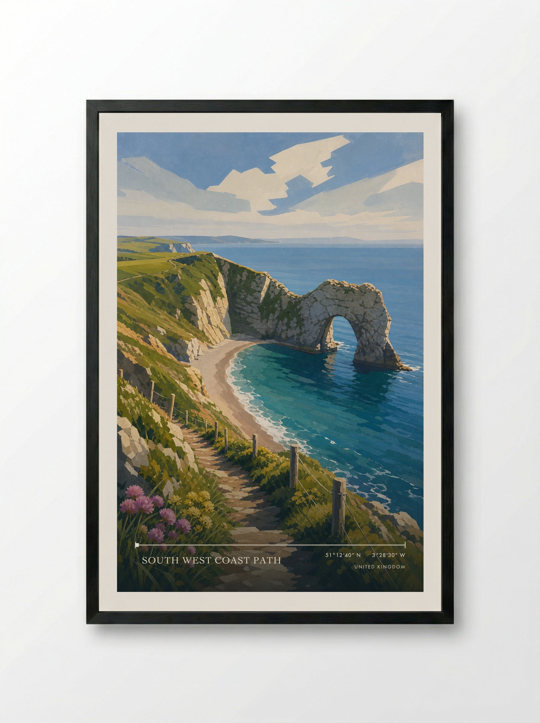 South West Coast Path United Kingdom Travel Poster - Framed Print Black