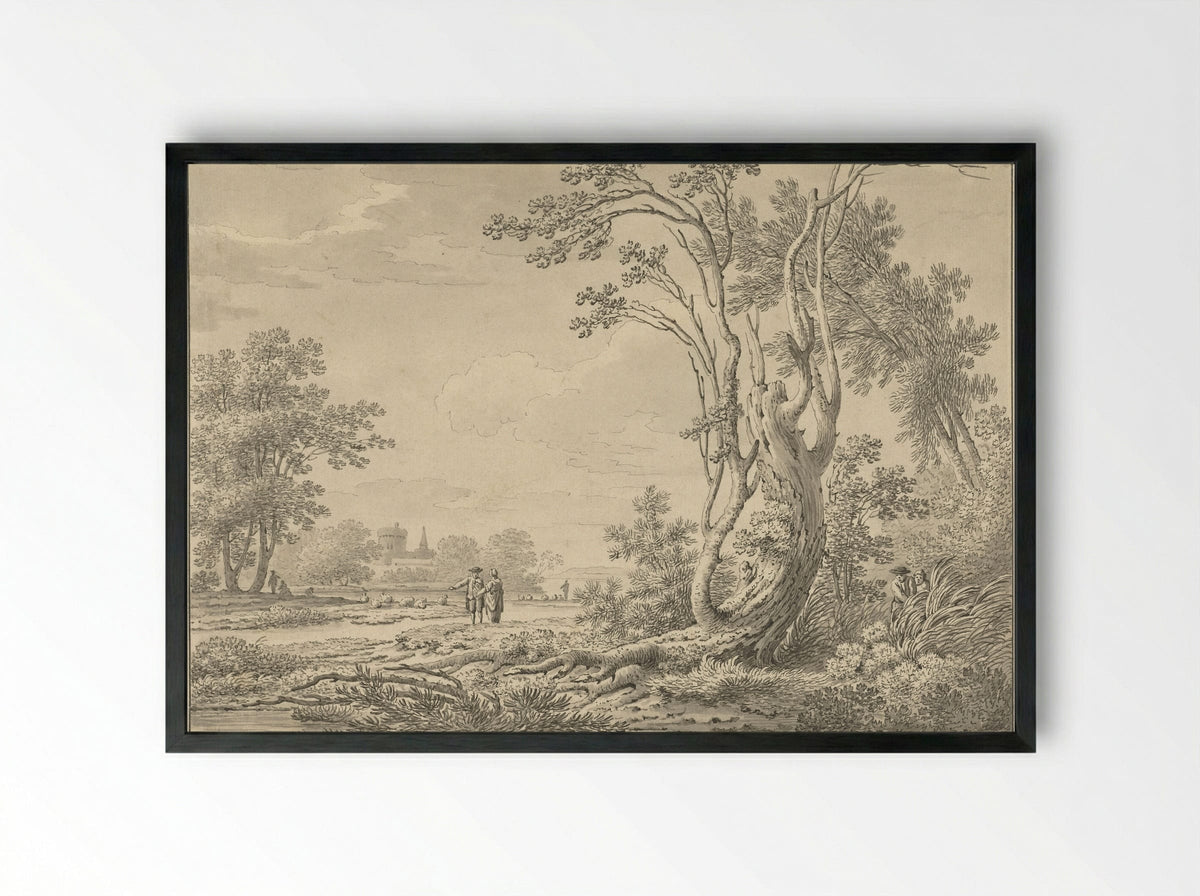 Southern Landscape with Castle, Cattle and Walkers - Johann Heinrich Müntz - Framed Print Black