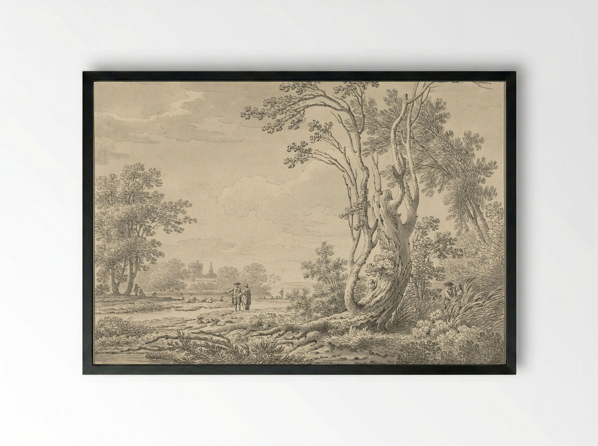 Southern Landscape with Castle, Cattle and Walkers - Johann Heinrich Müntz - Framed Print Black