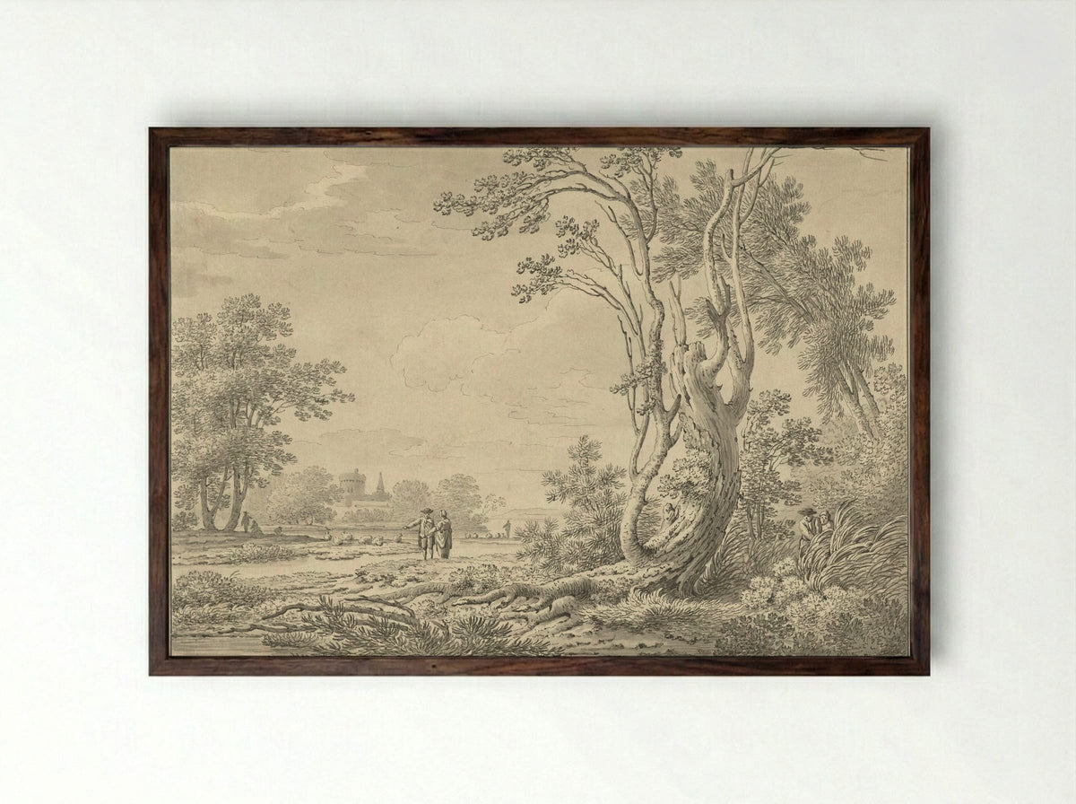Southern Landscape with Castle, Cattle and Walkers - Johann Heinrich Müntz - Framed Print Dark Wood