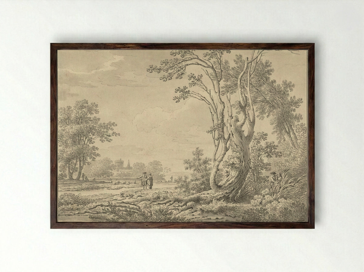 Southern Landscape with Castle, Cattle and Walkers - Johann Heinrich Müntz - Framed Print Dark Wood