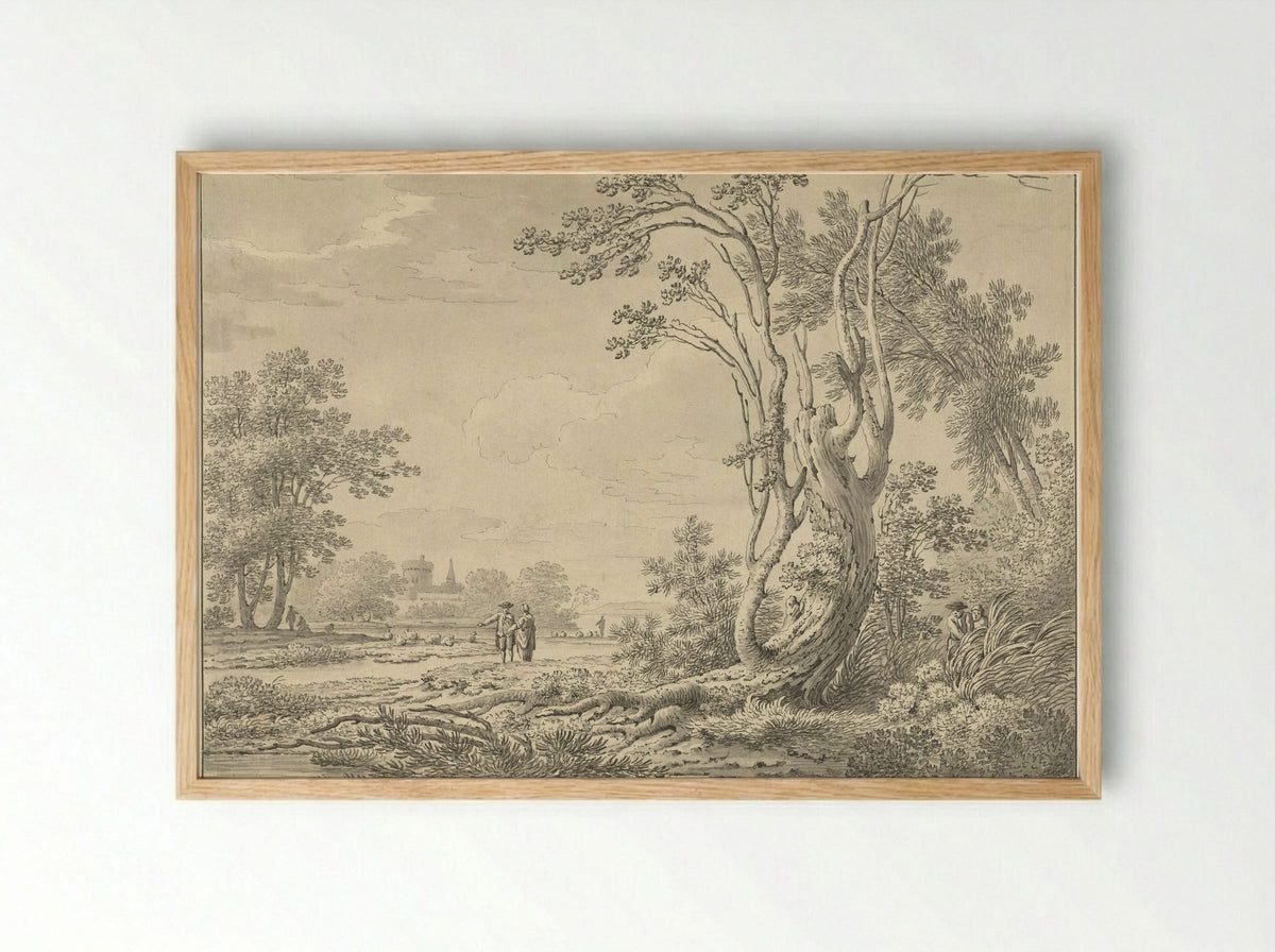 Southern Landscape with Castle, Cattle and Walkers - Johann Heinrich Müntz - Framed Print Wood