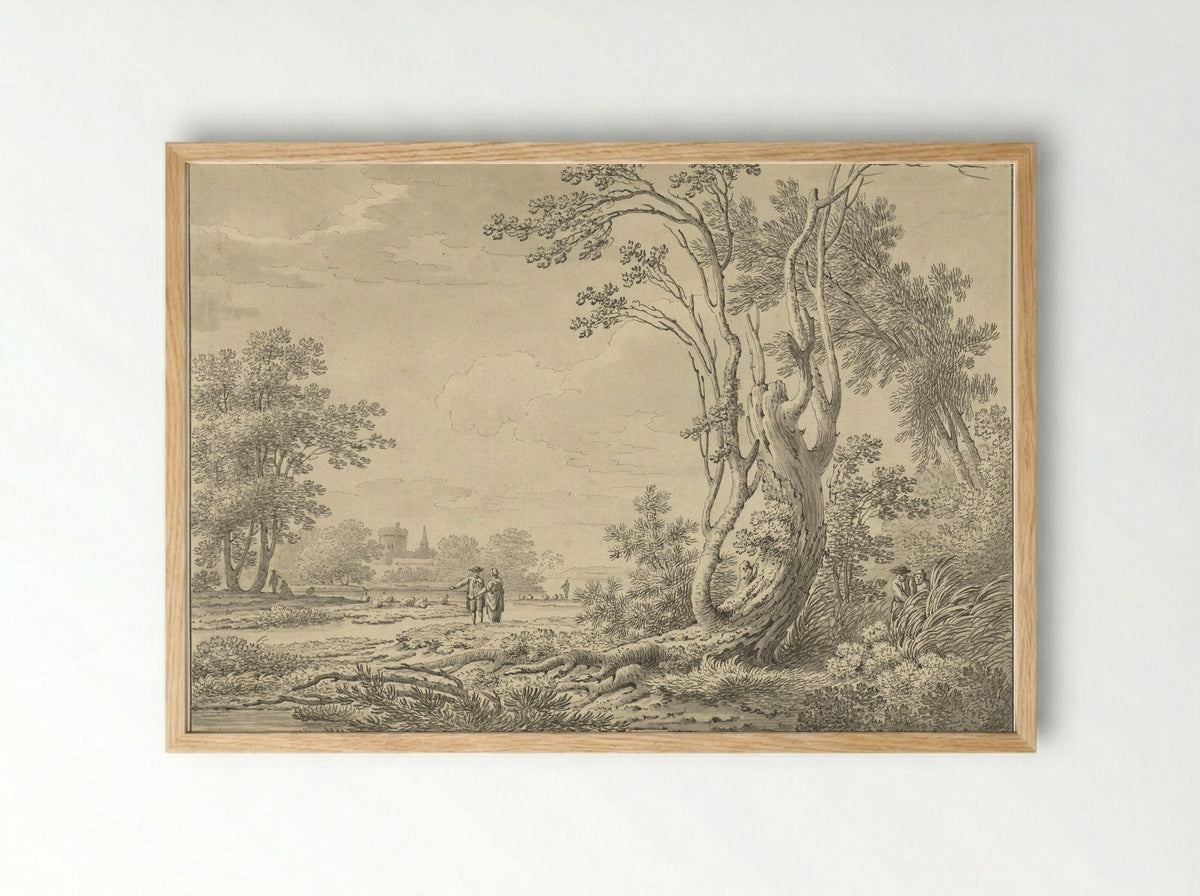 Southern Landscape with Castle, Cattle and Walkers - Johann Heinrich Müntz - Framed Print Wood