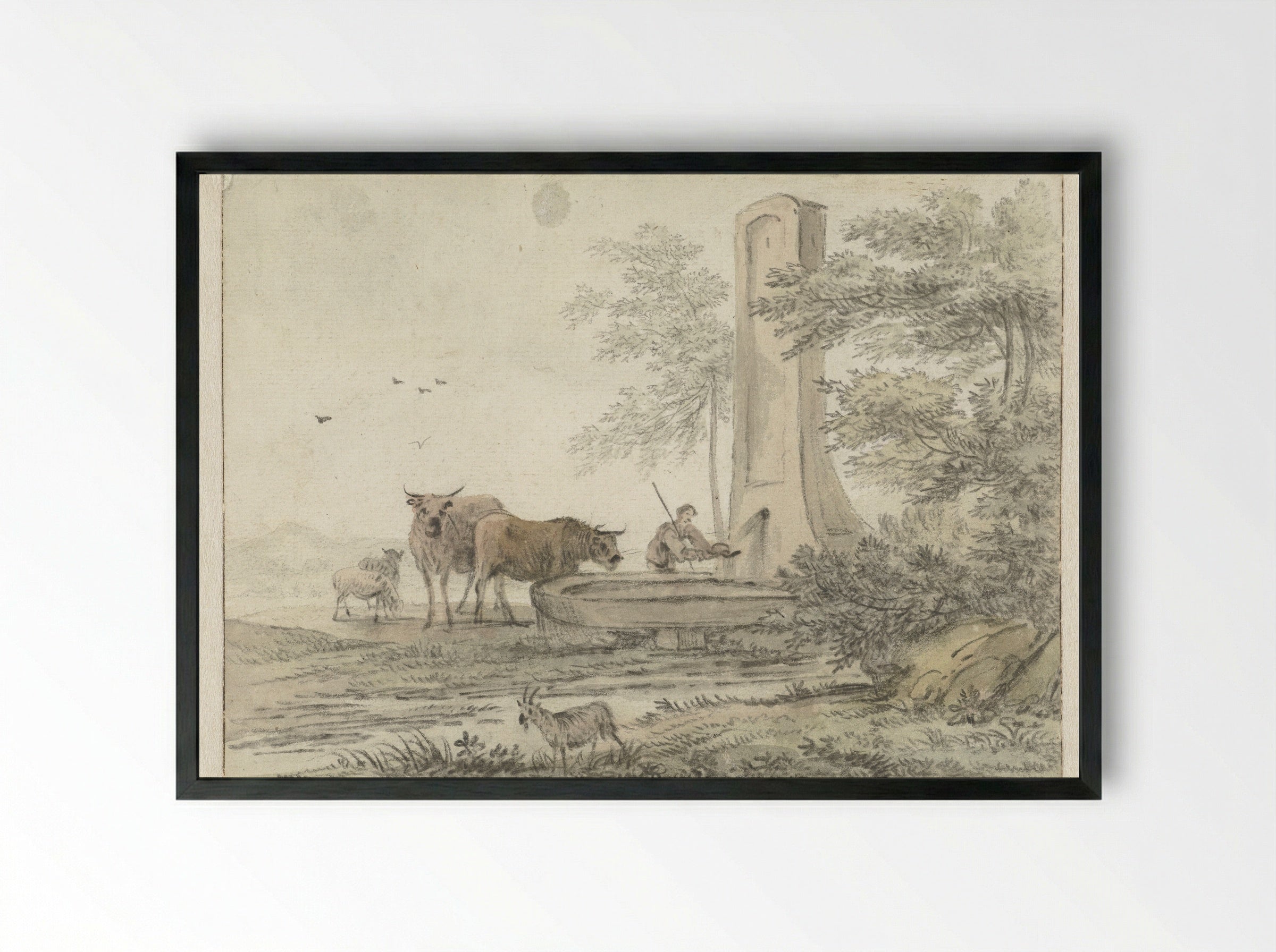 Southern Landscape with a Shepherd and Cattle at a Fountain - Hendrik van der Straaten - Framed Print Black
