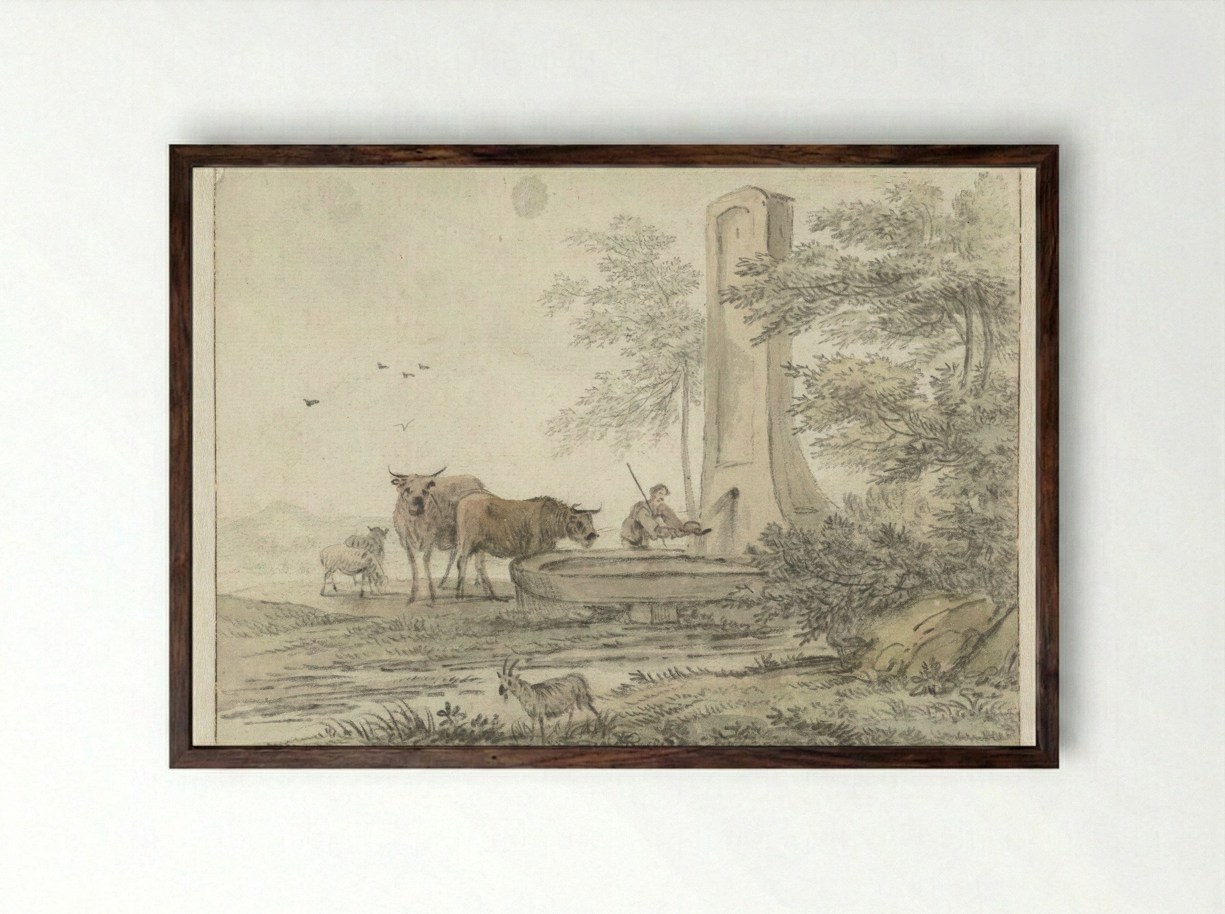 Southern Landscape with a Shepherd and Cattle at a Fountain - Hendrik van der Straaten - Framed Print Dark Wood