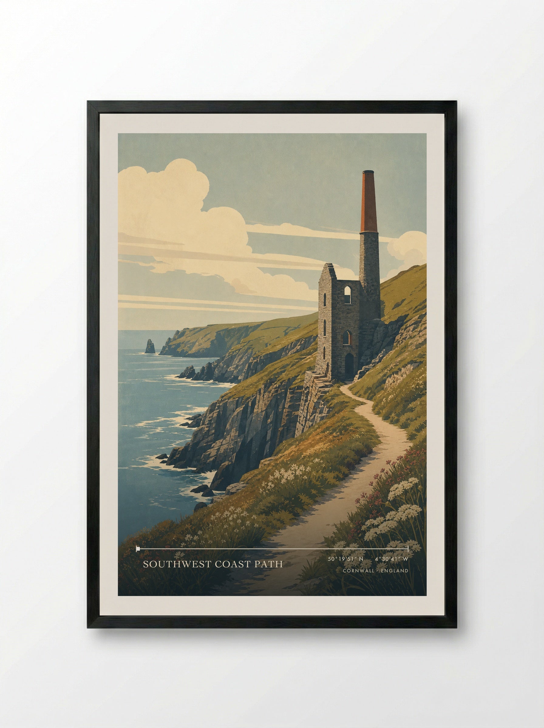 Southwest Coast Path Cornwall England Travel Poster - Framed Print Black