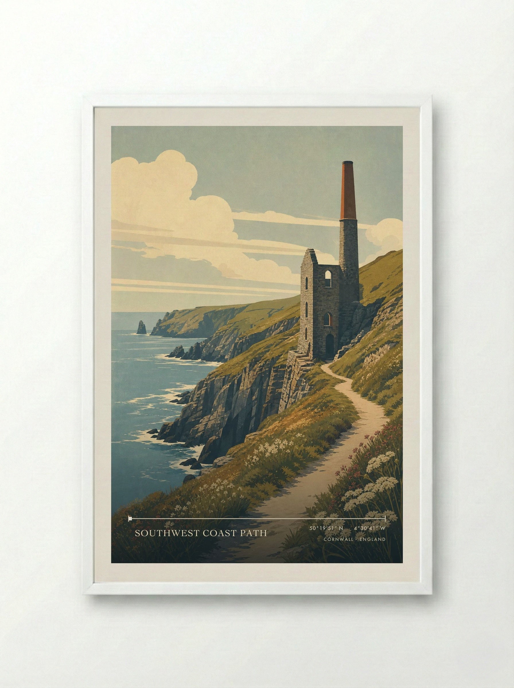 Southwest Coast Path Cornwall England Travel Poster - Framed Print White