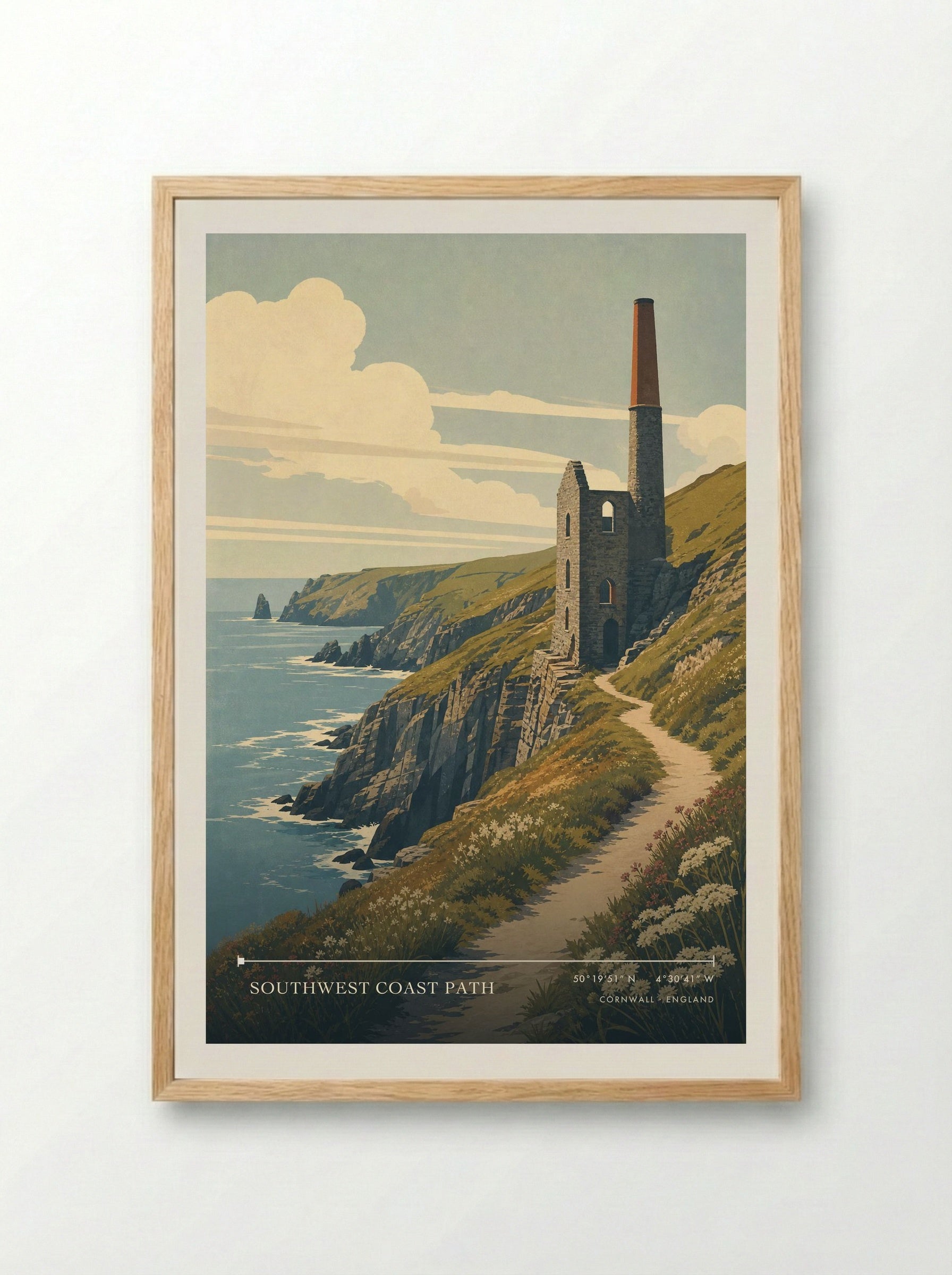 Southwest Coast Path Cornwall England Travel Poster - Framed Print Wood