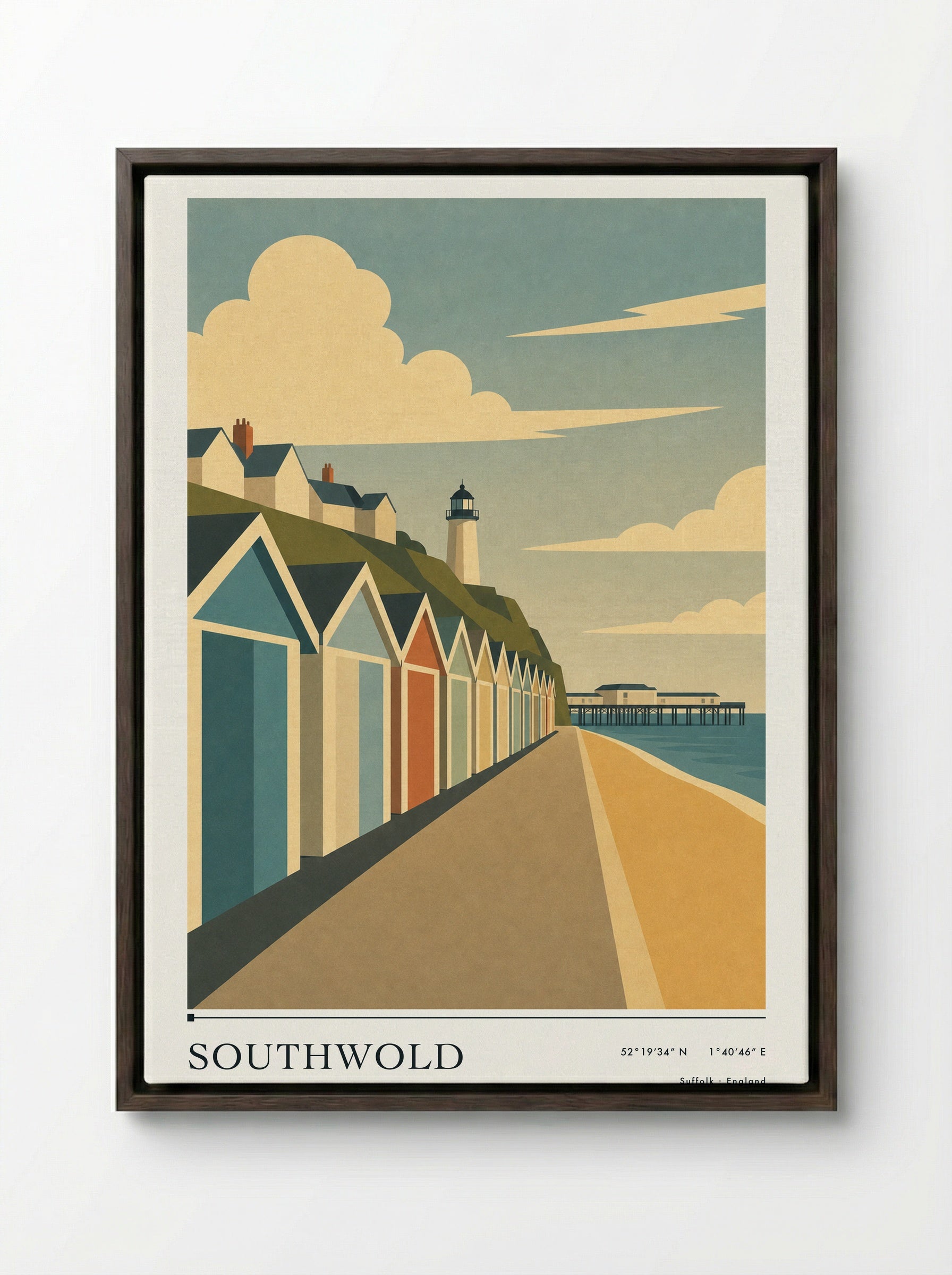 Southwold Suffolk Travel Poster - Framed Canvas Dark Wood