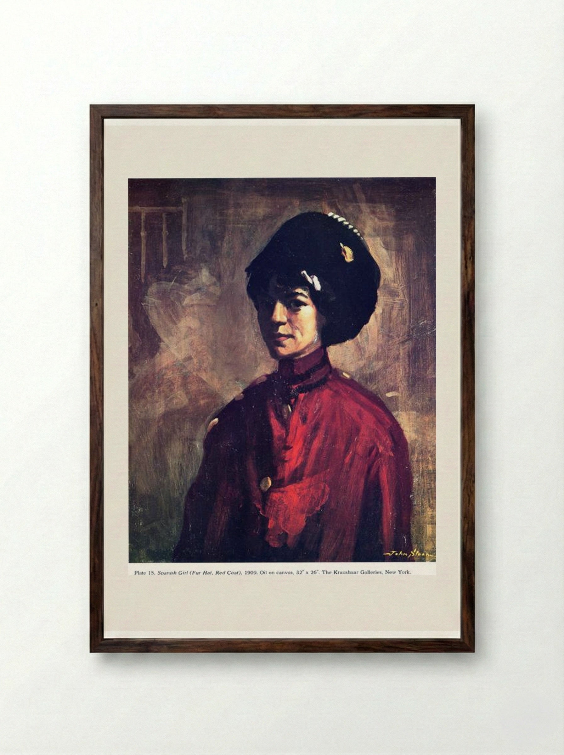 Spanish Girl (Fur Hat, Red Coat) - John French Sloan - Framed Print Dark Wood