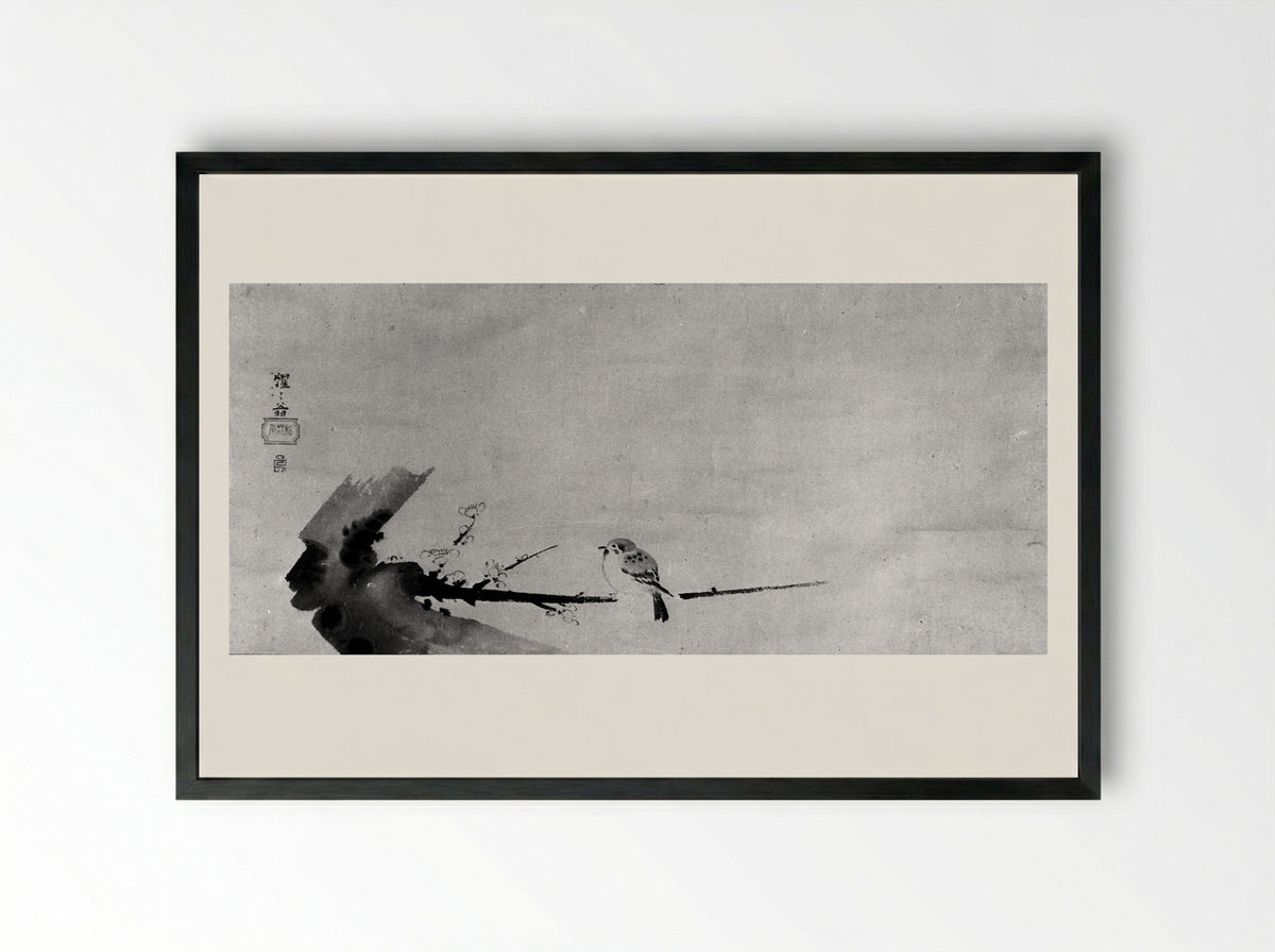 Sparrow on Plum Branch (Ume ni Suzume) - Shōkadō Shōjō - Framed Print Black