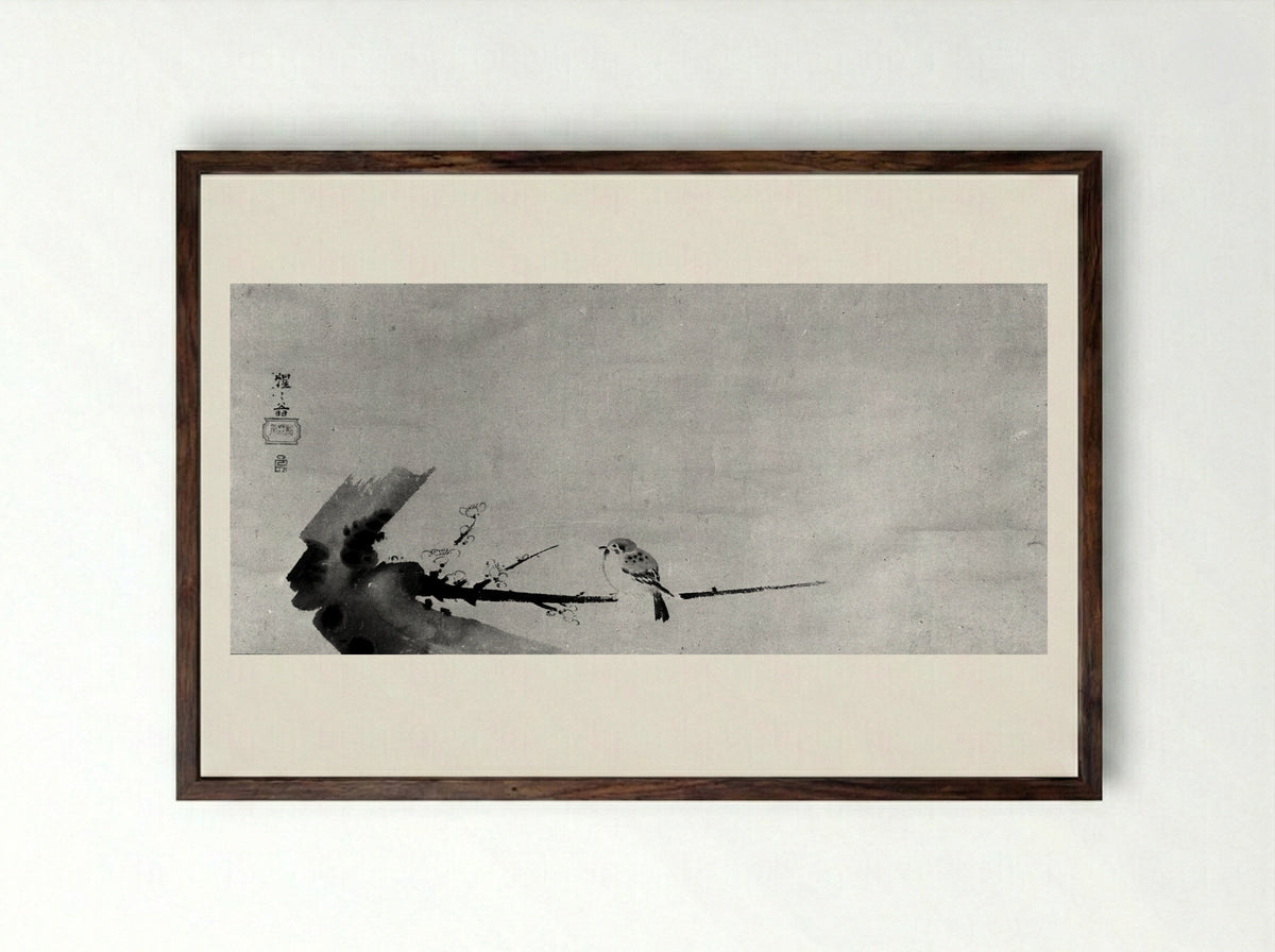 Sparrow on Plum Branch (Ume ni Suzume) - Shōkadō Shōjō - Framed Print Dark Wood